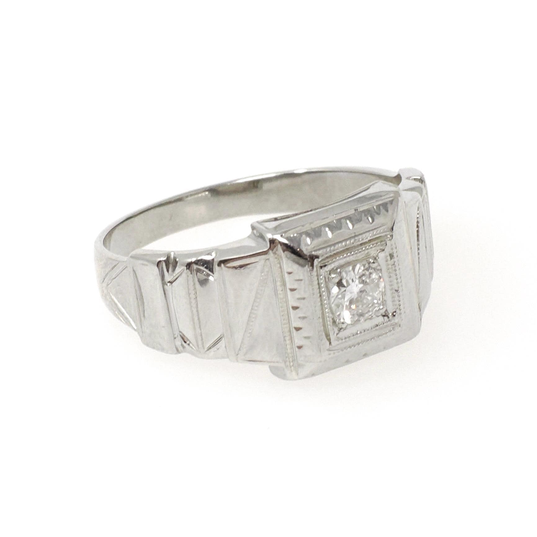 Art Deco Diamond Ring - Vintage 18k White Gold Natural .20 CT Old European Unisex Engagement - Circa 1930s Era Size 8.5 Square Fine Jewelry