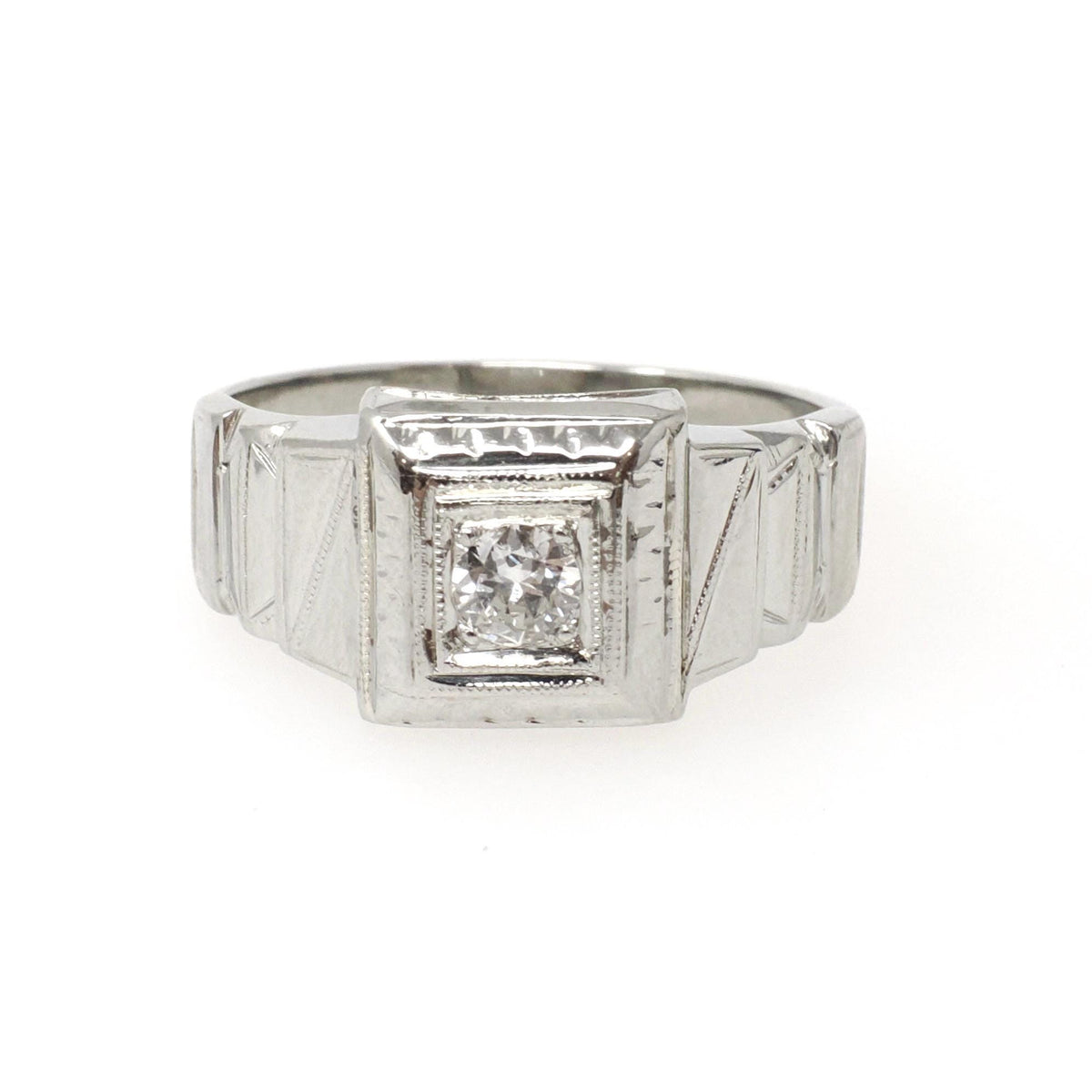 Art Deco Diamond Ring - Vintage 18k White Gold Natural .20 CT Old European Unisex Engagement - Circa 1930s Era Size 8.5 Square Fine Jewelry