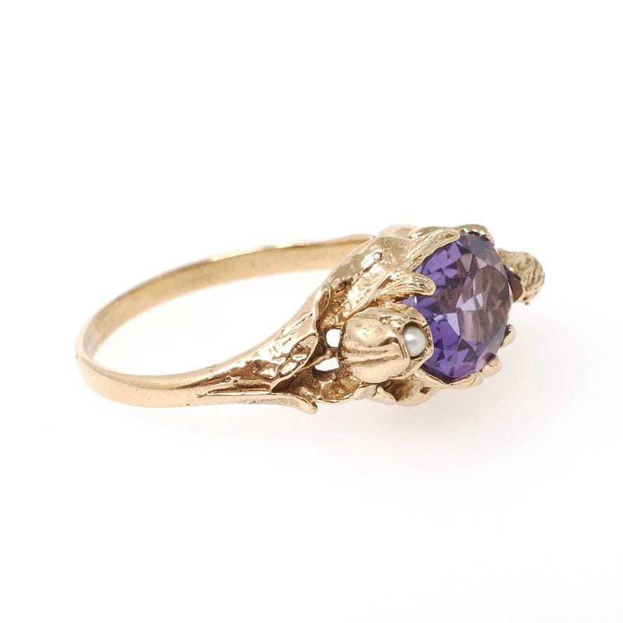 Art Nouveau Style Ring - Contemporary 14k Yellow Gold Natural Purple Amethyst Gemstone - Size 7.25 Romance Floral Female Figure Fine Jewelry