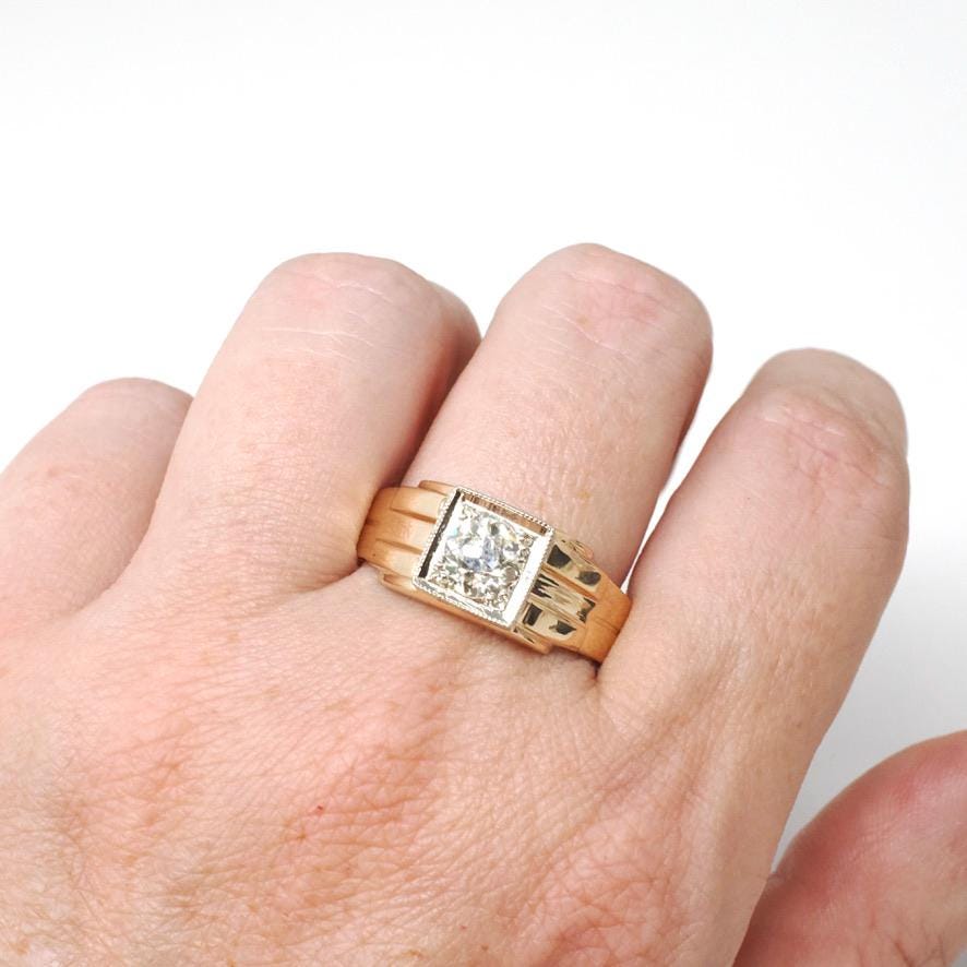 Vintage Diamond Ring - Mid Century 14k Yellow & White Gold Unisex .85 CT Engagement - Circa 1950s Era Size 11 Two Tone Wedding Jewelry
