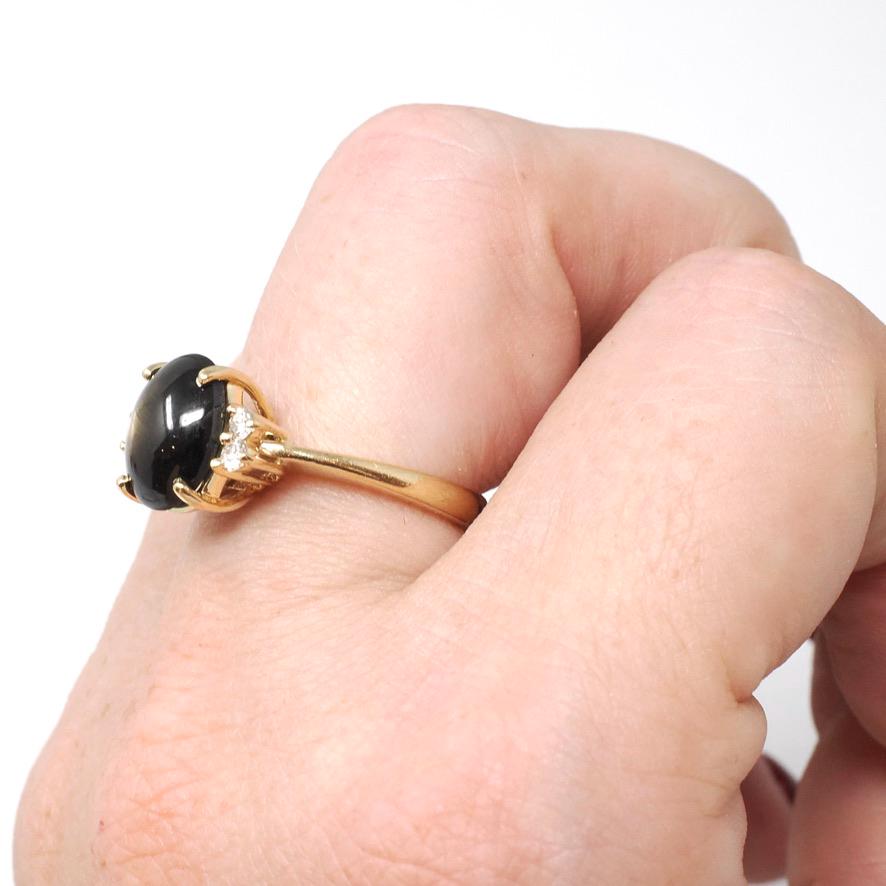 Black Star Sapphire Ring - Contemporary 14k Yellow Gold Natural 3.18 CT Gemstone - Modern Estate Circa 1990s Size 5 1/4 Diamond Fine Jewelry
