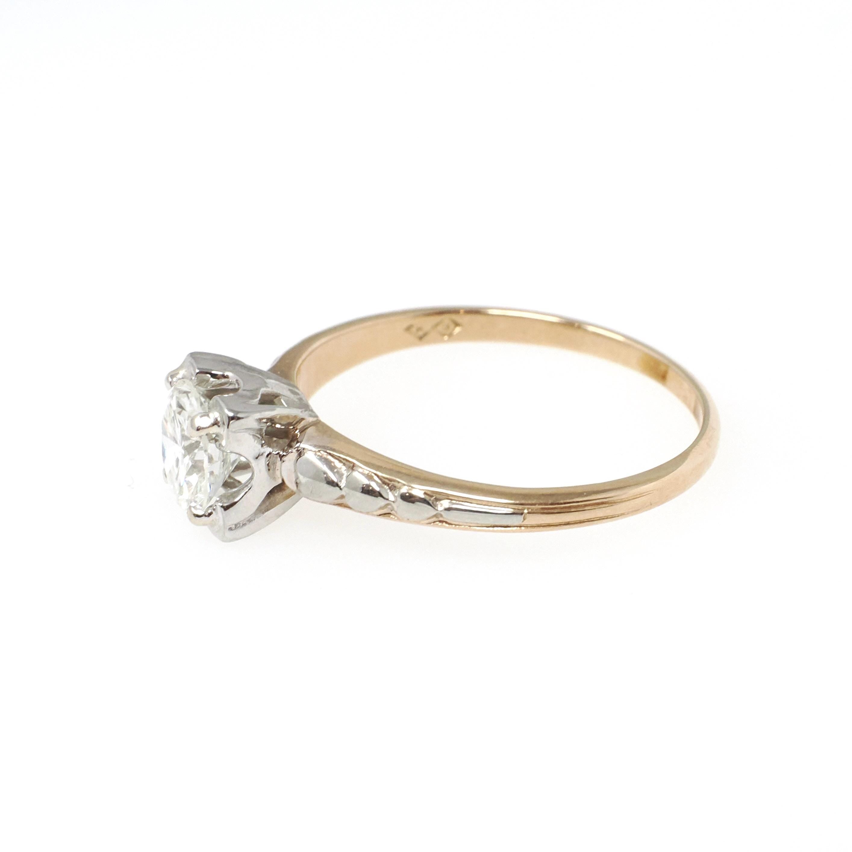 Vintage Diamond Ring - Mid Century 14k Yellow & White Gold .83 CT Natural Round Solitaire - Circa 1950s Size 8 1/2 Fine Engagement Jewelry
