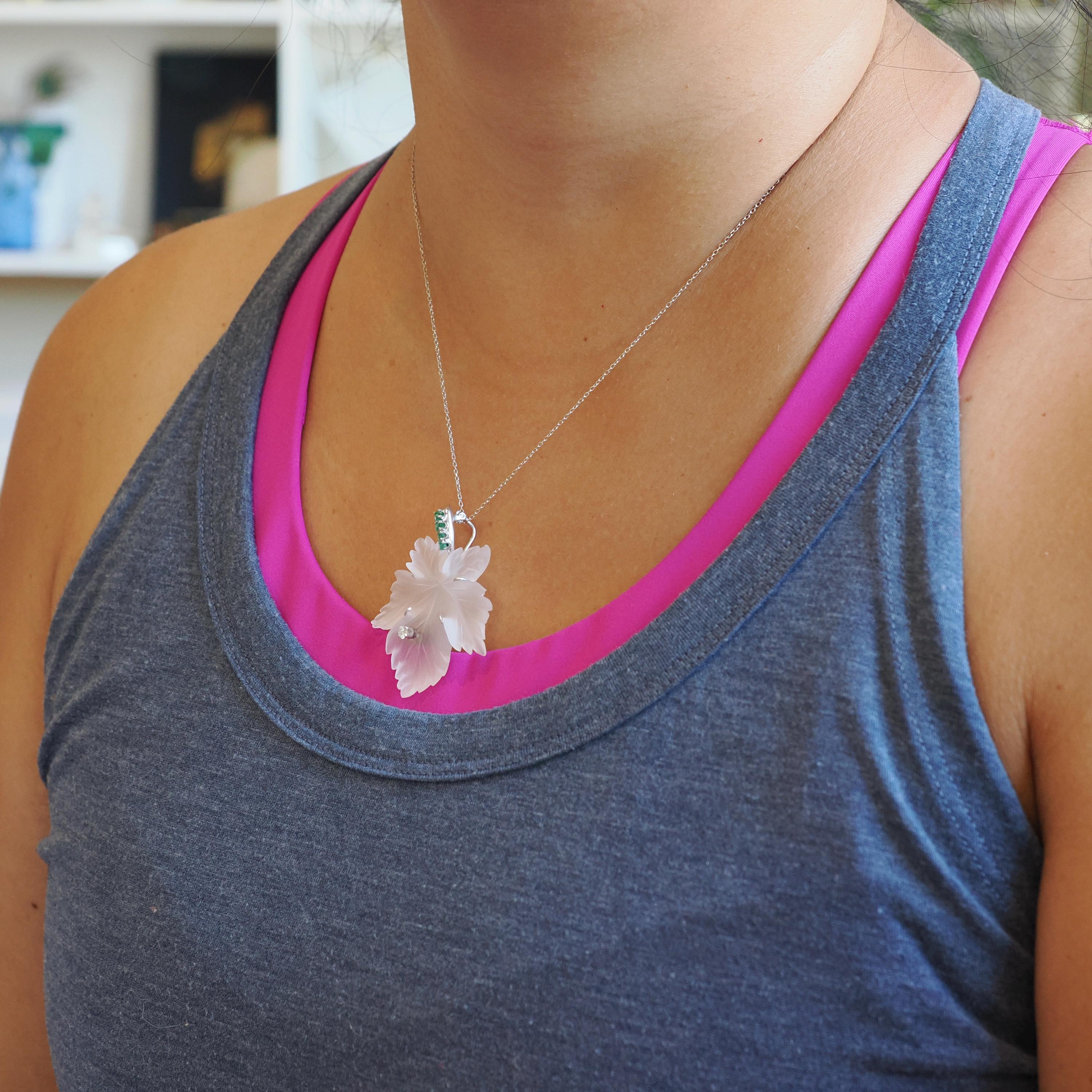 Vintage Leaf Pendant Necklace - Mid Century 14k White Gold Carved Rock Crystal Quartz - Circa 1960s Diamond Emerald Accented Fine Jewelry