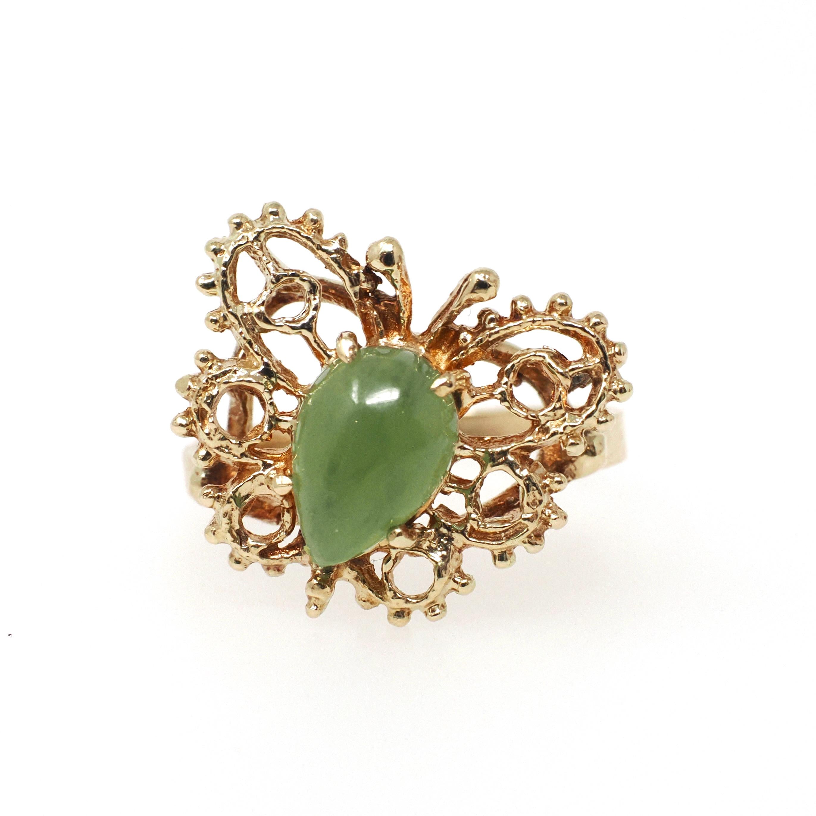 Vintage Butterfly Ring - Retro 10k Yellow Gold Natural Nephrite Jade Gemstone - Circa 1970s Era Size 5 3/4 Statement Figural Bug Jewelry