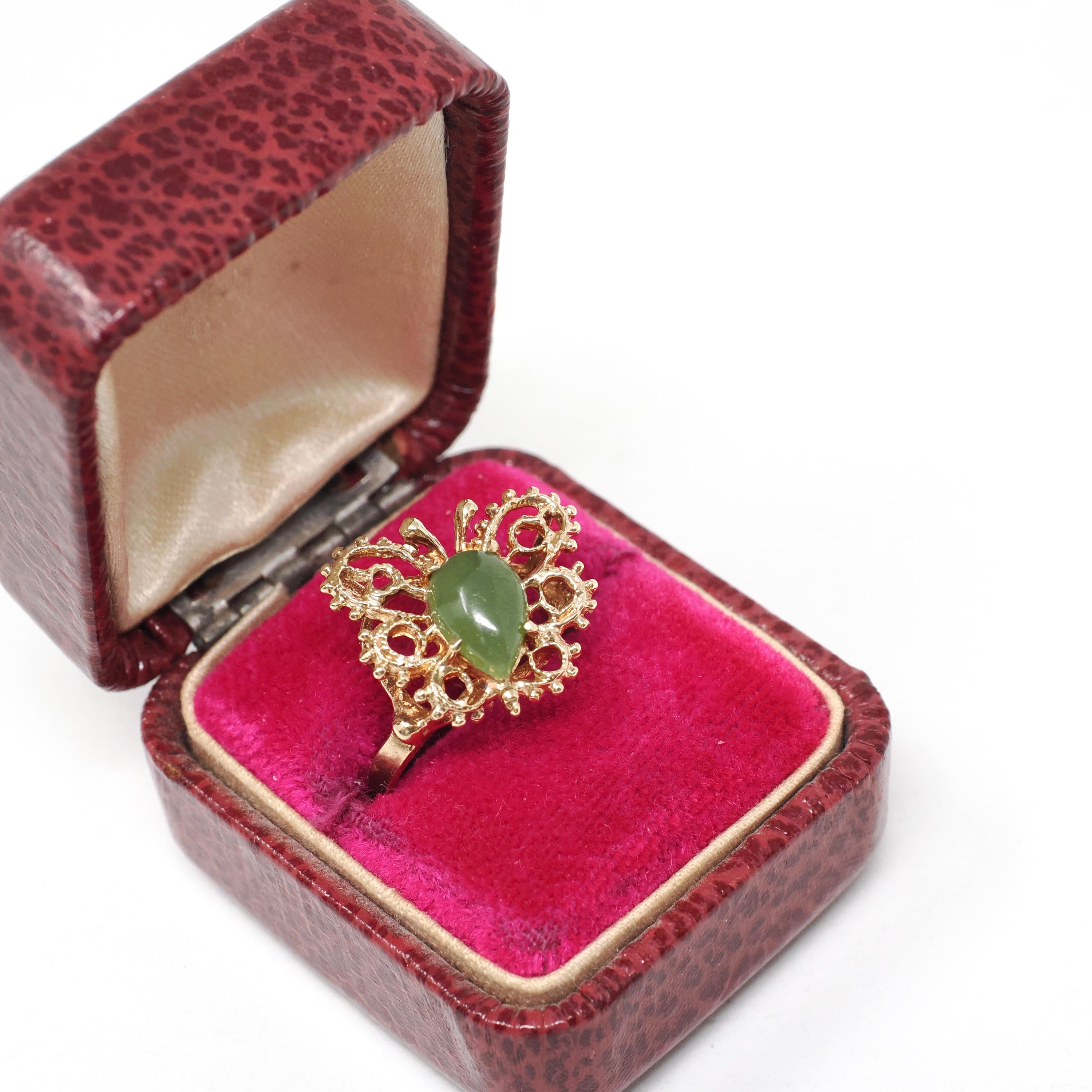 Vintage Butterfly Ring - Retro 10k Yellow Gold Natural Nephrite Jade Gemstone - Circa 1970s Era Size 5 3/4 Statement Figural Bug Jewelry