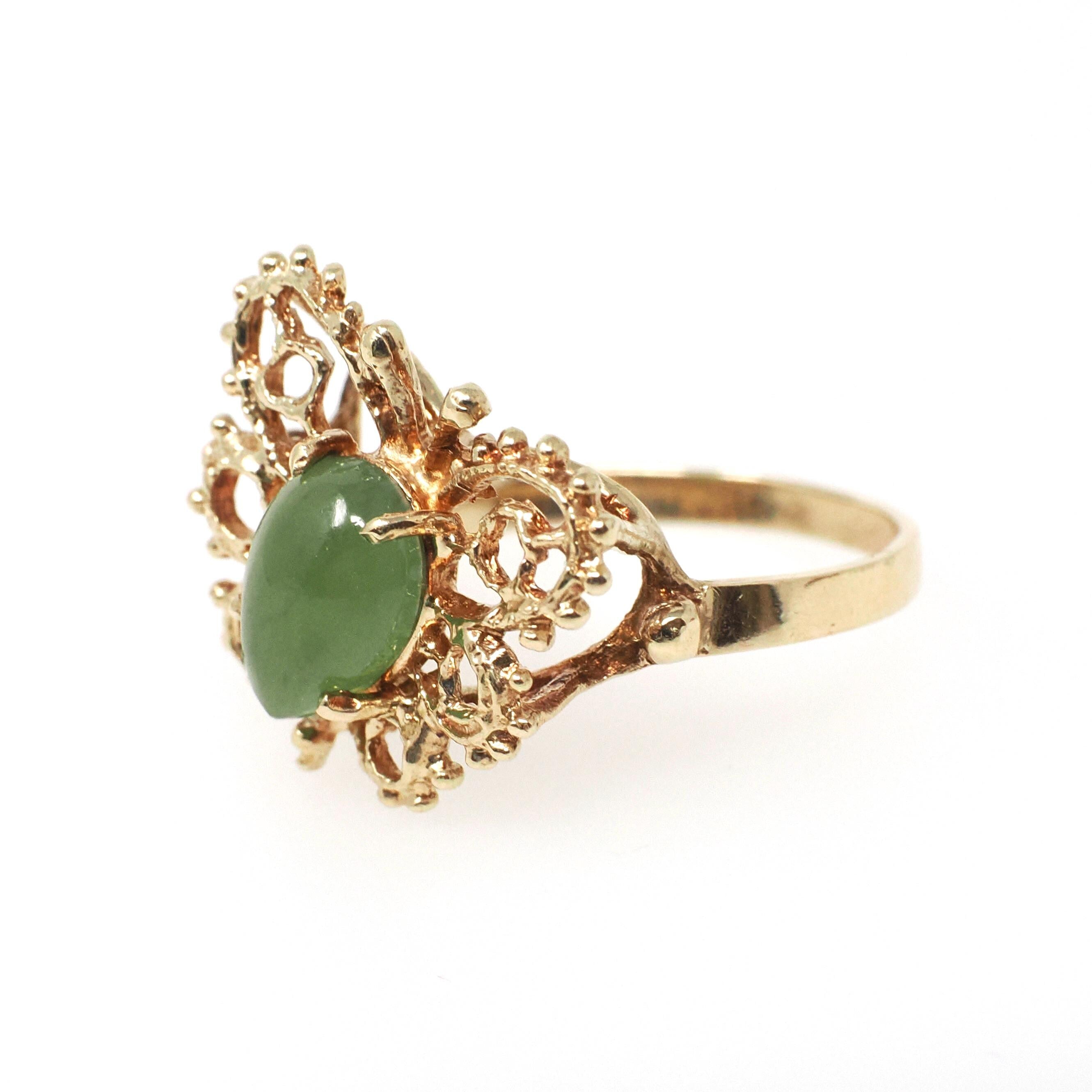 Vintage Butterfly Ring - Retro 10k Yellow Gold Natural Nephrite Jade Gemstone - Circa 1970s Era Size 5 3/4 Statement Figural Bug Jewelry