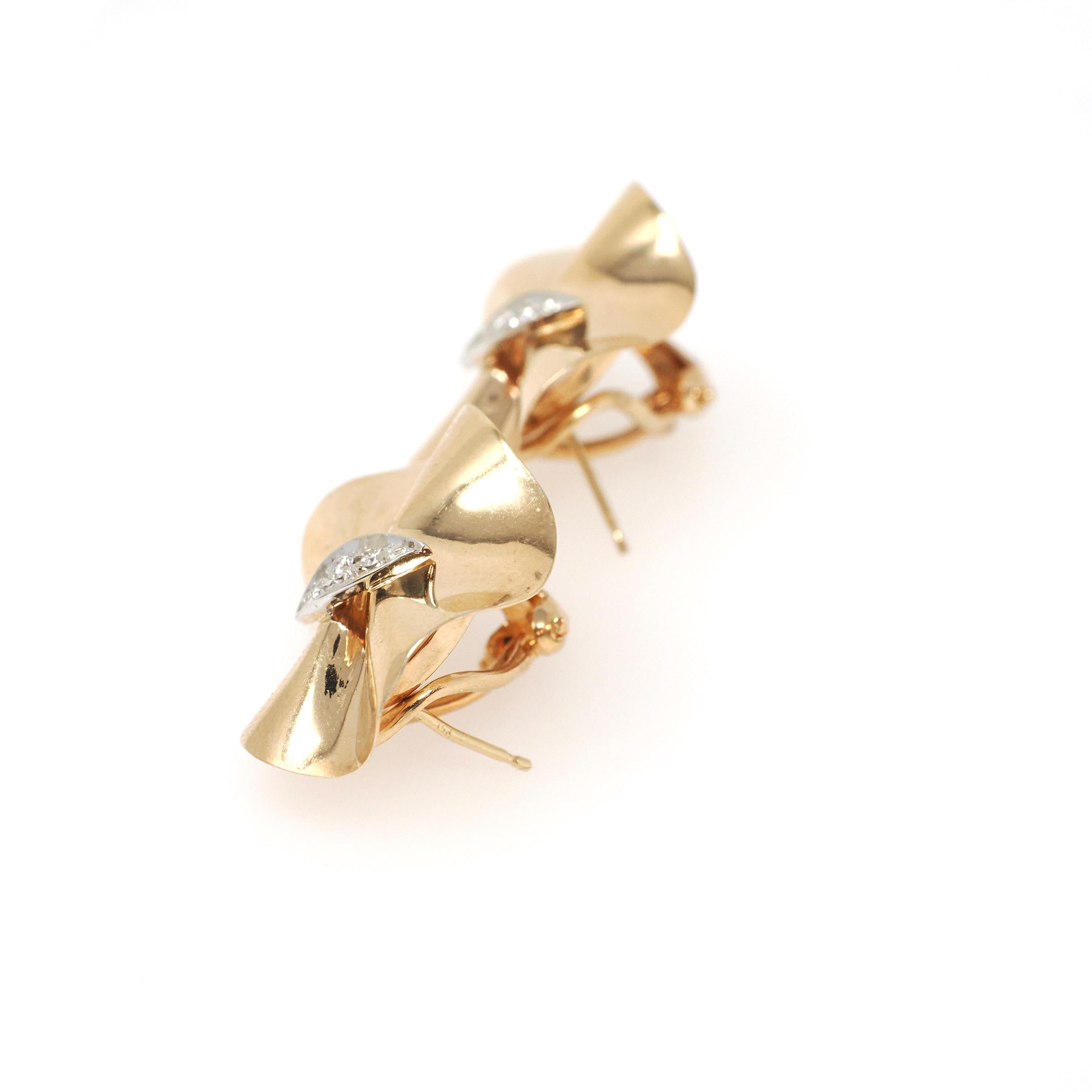Retro Ribbon Earrings - Retro 14k Yellow & White Gold .06 CTW Natural Diamonds - Circa 1940s Era Statement Folded Disc Design Fine Jewelry