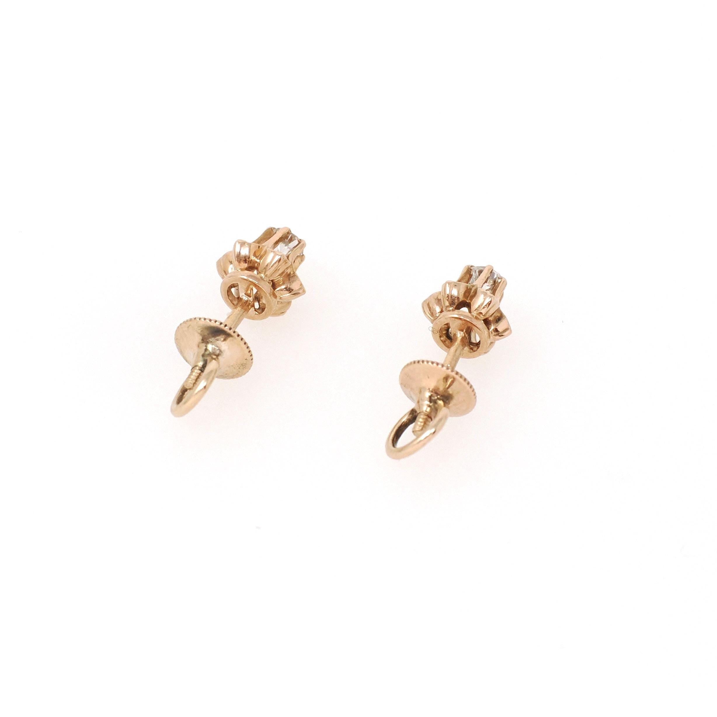 Antique Diamond Earrings - Edwardian 14k Rose Gold Buttercup Old European .20 CTW Gems - Vintage Circa 1900s Era Threaded Backs Fine Jewelry