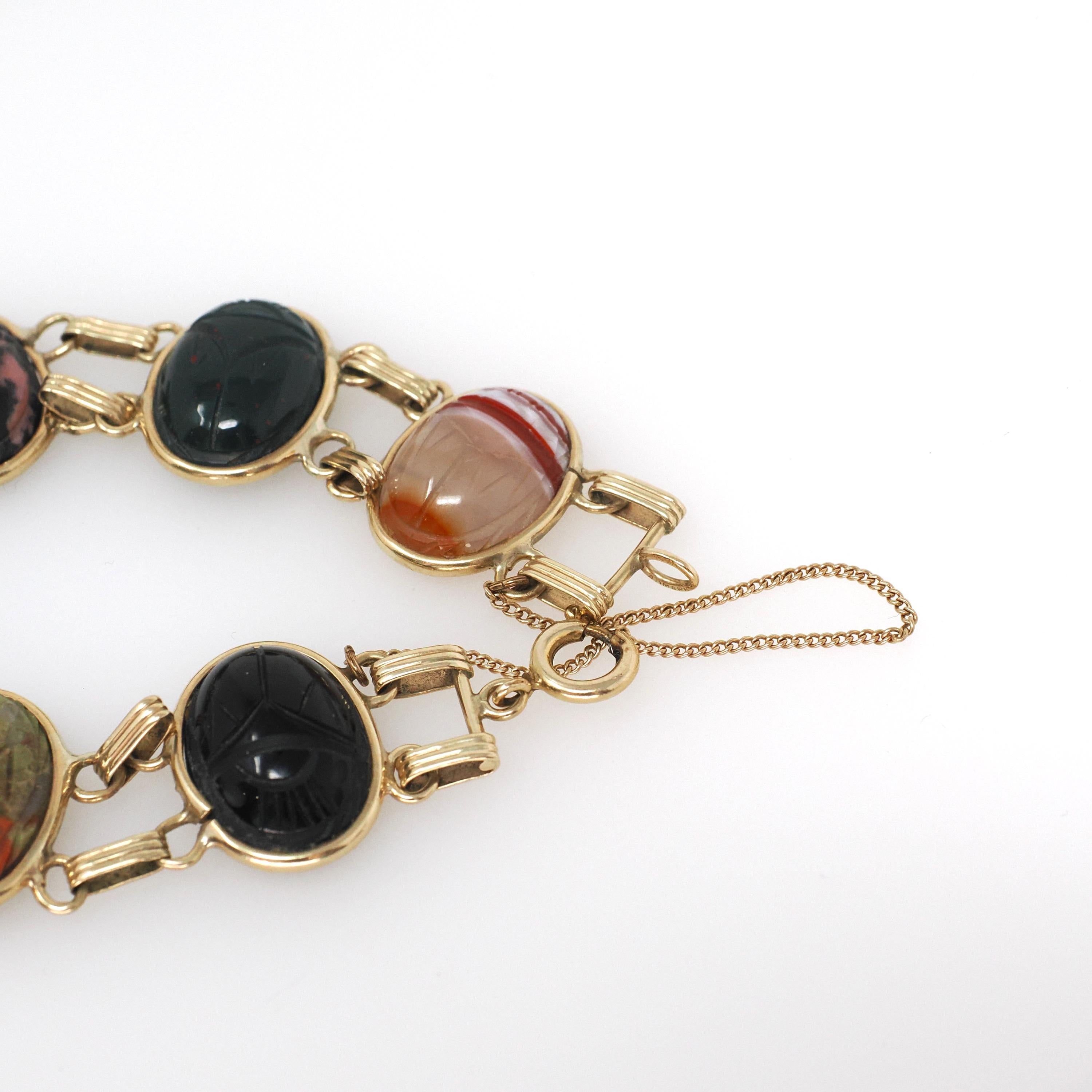 Vintage Scarab Bracelet - 12k Gold Filled Carved Natural Gems - Circa 1960s Egyptian Revival Bloodstone Banded Agate Rhodonite Jewelry