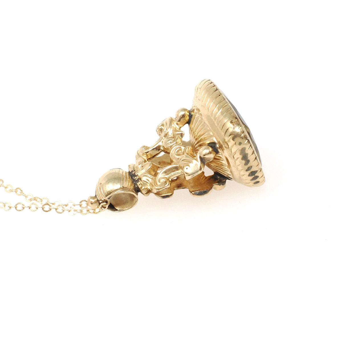 Antique Citrine Fob Necklace - Victorian Gold Filled Ornate Repousse Style Charm - Vintage Circa 1880s Era Pocket Watch Fashion Accessory