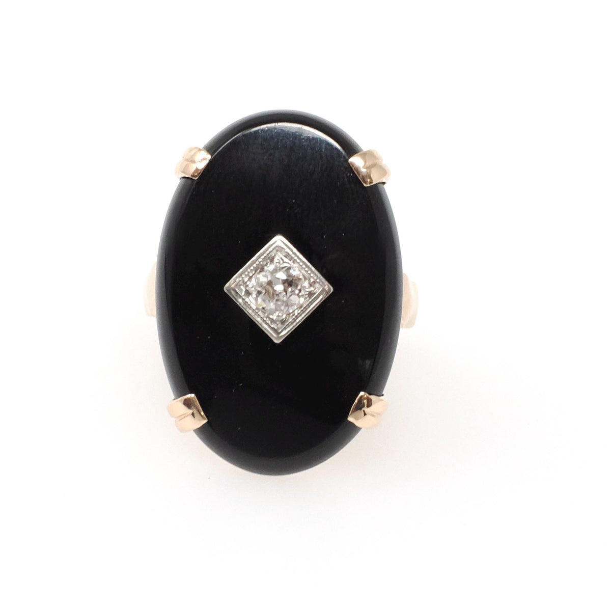 Vintage Onyx Ring - Mid Century 10k Yellow Gold Black Chalcedony & .17 CT Natural Diamond - Circa 1950s Era Size 5 Statement Fine Jewelry