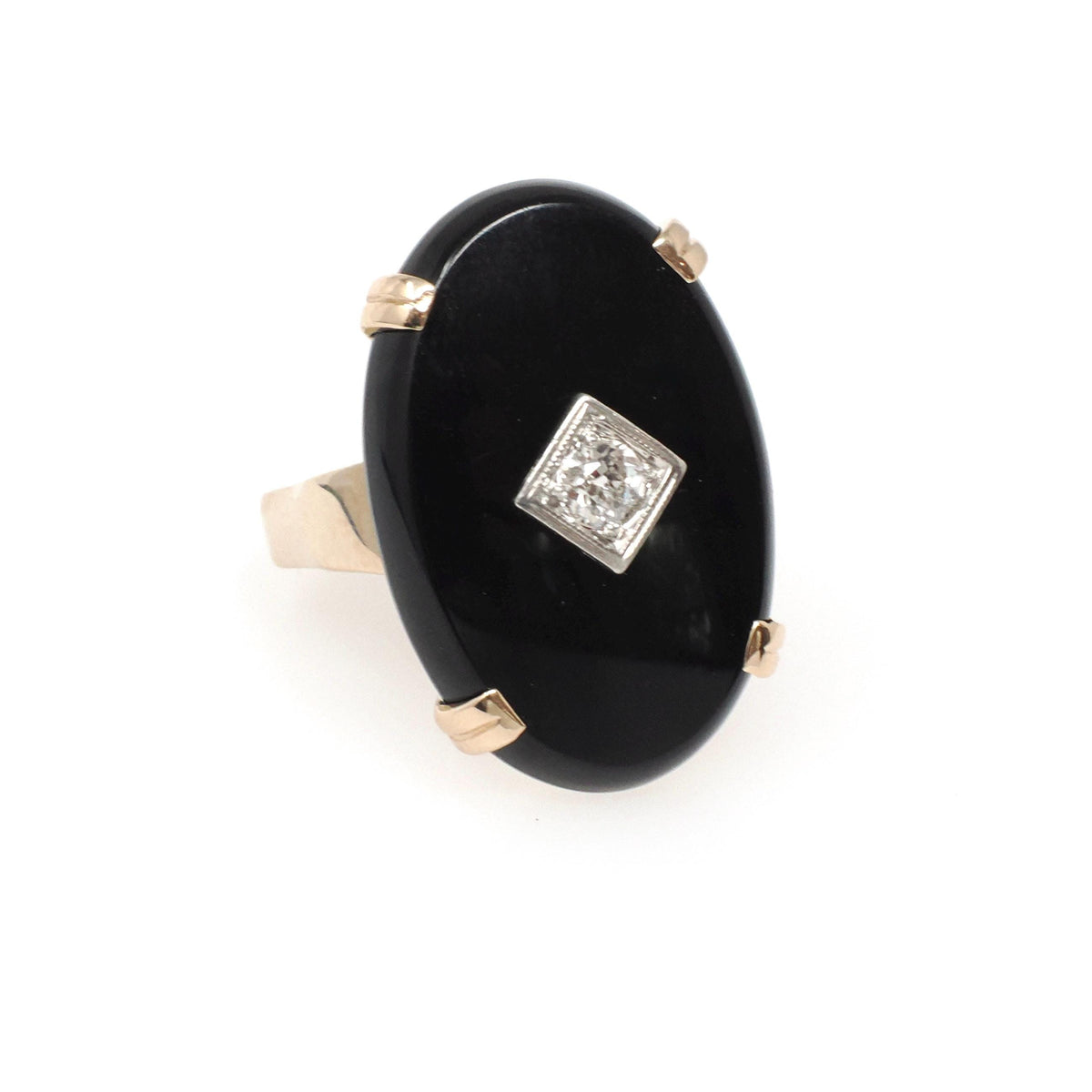Vintage Onyx Ring - Mid Century 10k Yellow Gold Black Chalcedony & .17 CT Natural Diamond - Circa 1950s Era Size 5 Statement Fine Jewelry
