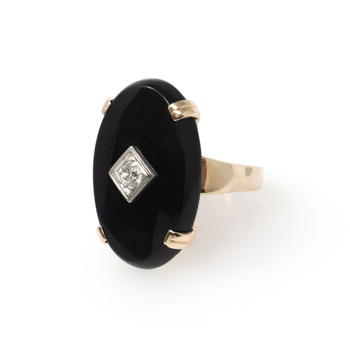 Vintage Onyx Ring - Mid Century 10k Yellow Gold Black Chalcedony & .17 CT Natural Diamond - Circa 1950s Era Size 5 Statement Fine Jewelry