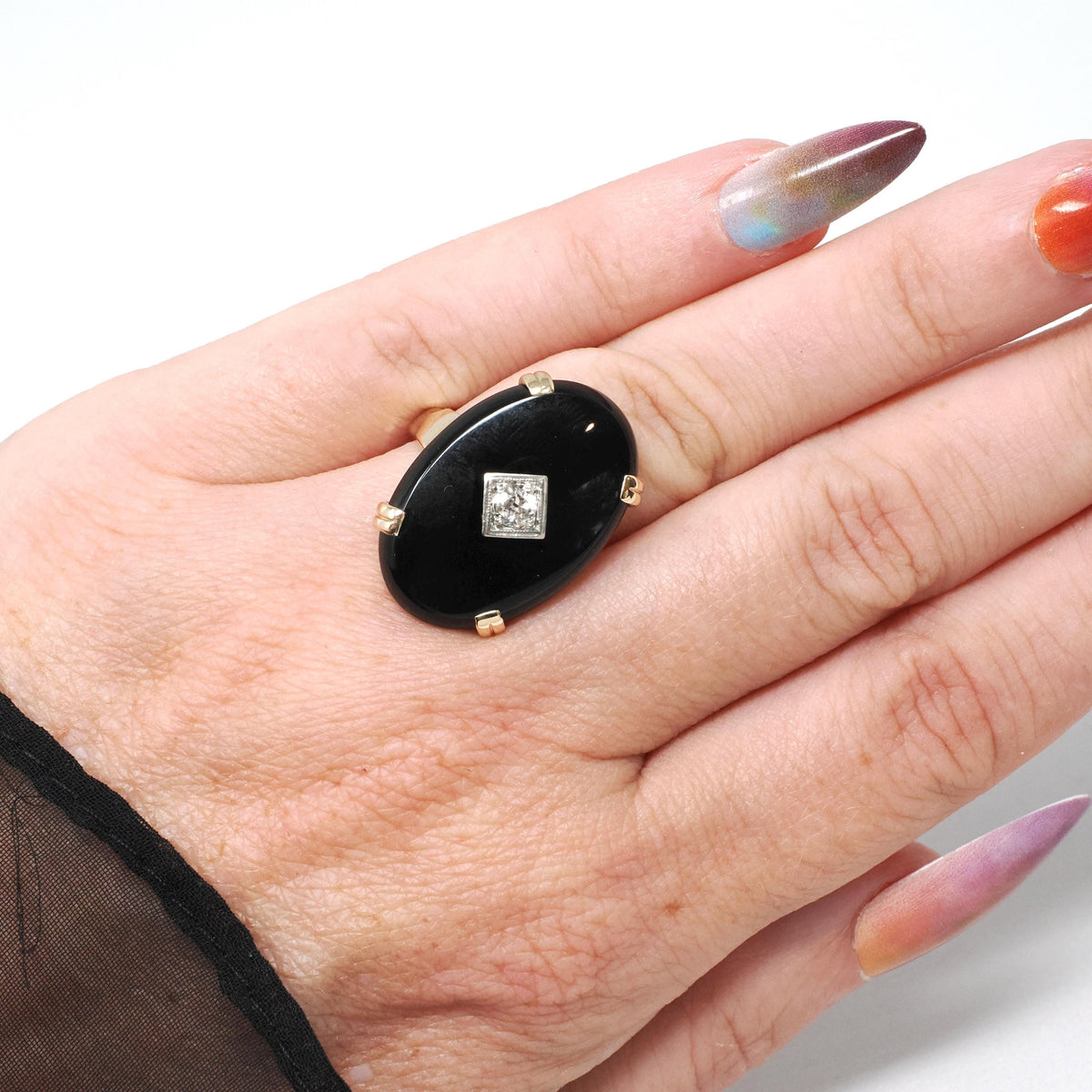 Vintage Onyx Ring - Mid Century 10k Yellow Gold Black Chalcedony & .17 CT Natural Diamond - Circa 1950s Era Size 5 Statement Fine Jewelry