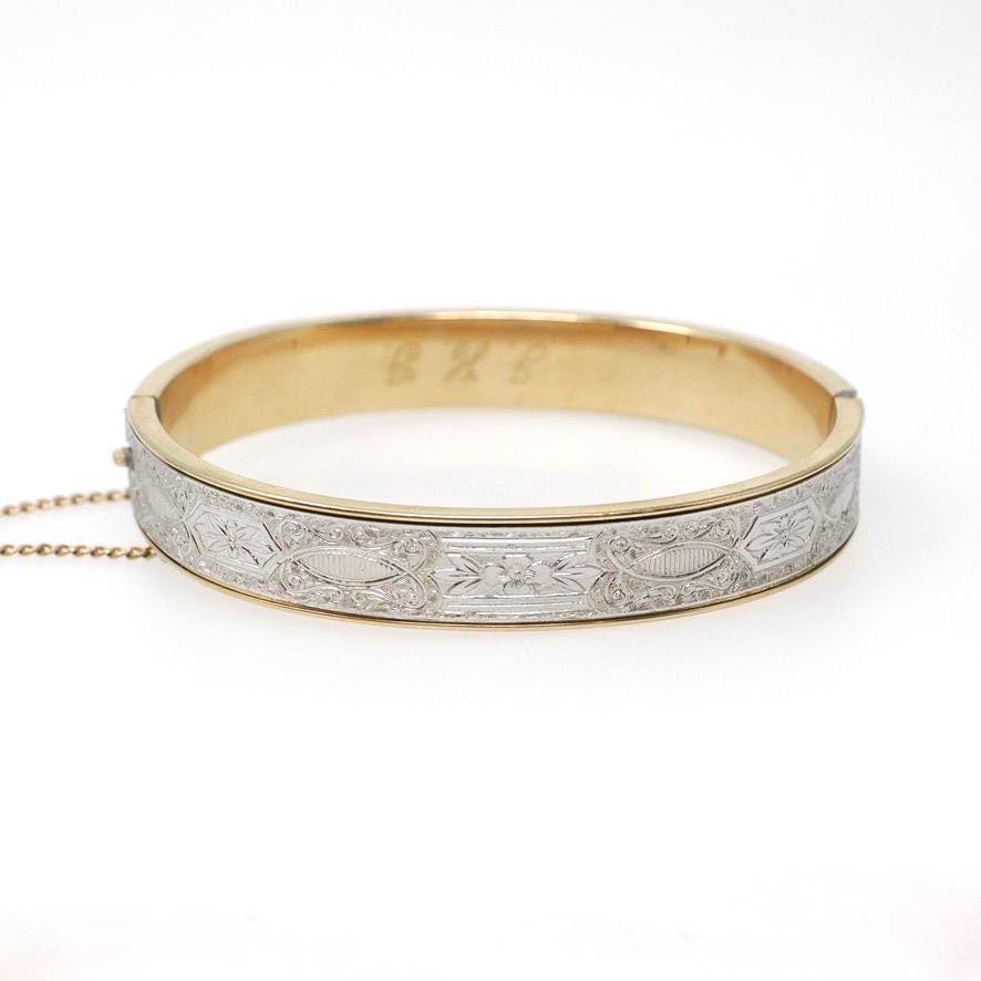 Vintage Flower Bangle - Mid Century 12k Gold Filled Two Tone Hinged Bracelet - Circa 1950s Era Wide Stacking Textured Fashion Jewelry