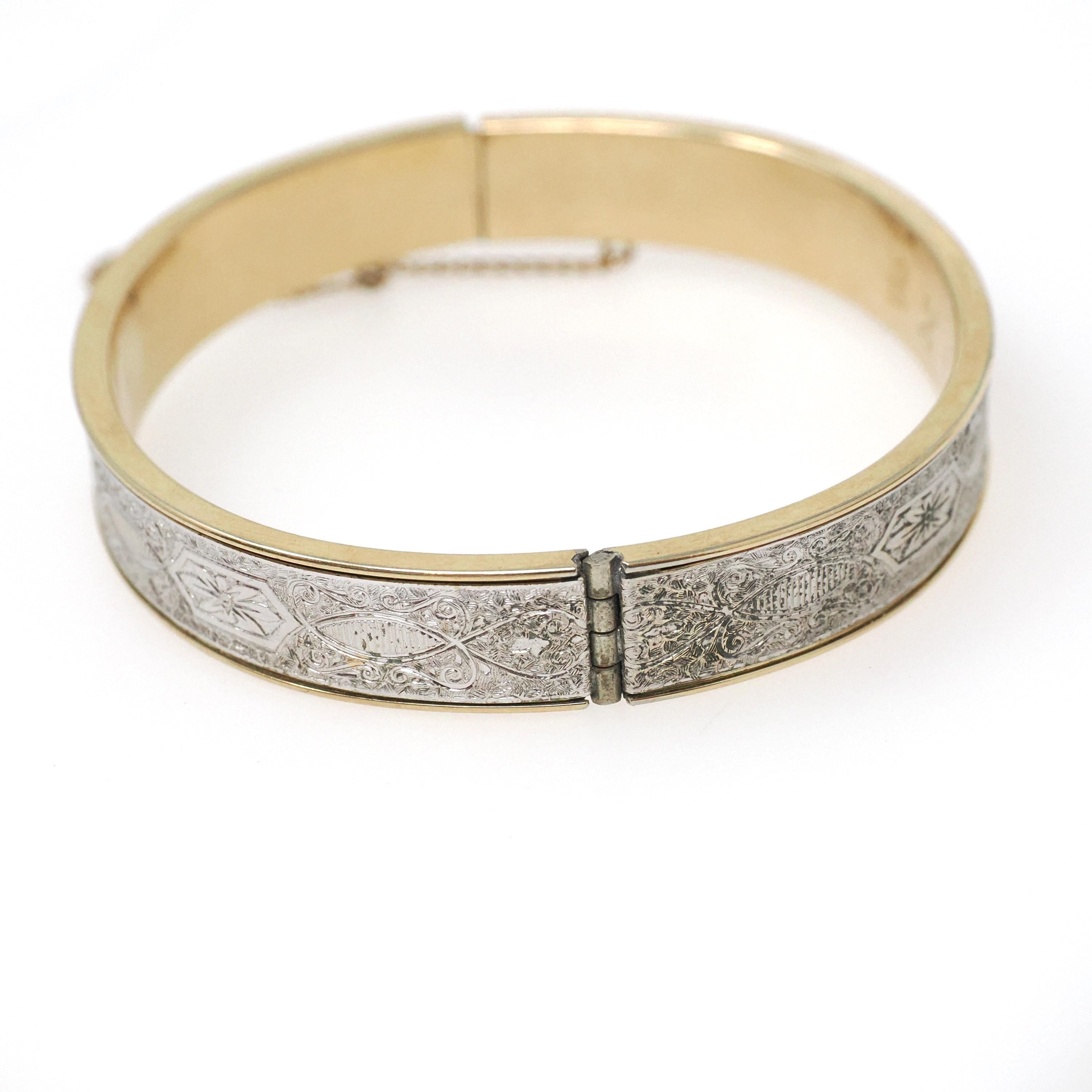 Vintage Flower Bangle - Mid Century 12k Gold Filled Two Tone Hinged Bracelet - Circa 1950s Era Wide Stacking Textured Fashion Jewelry