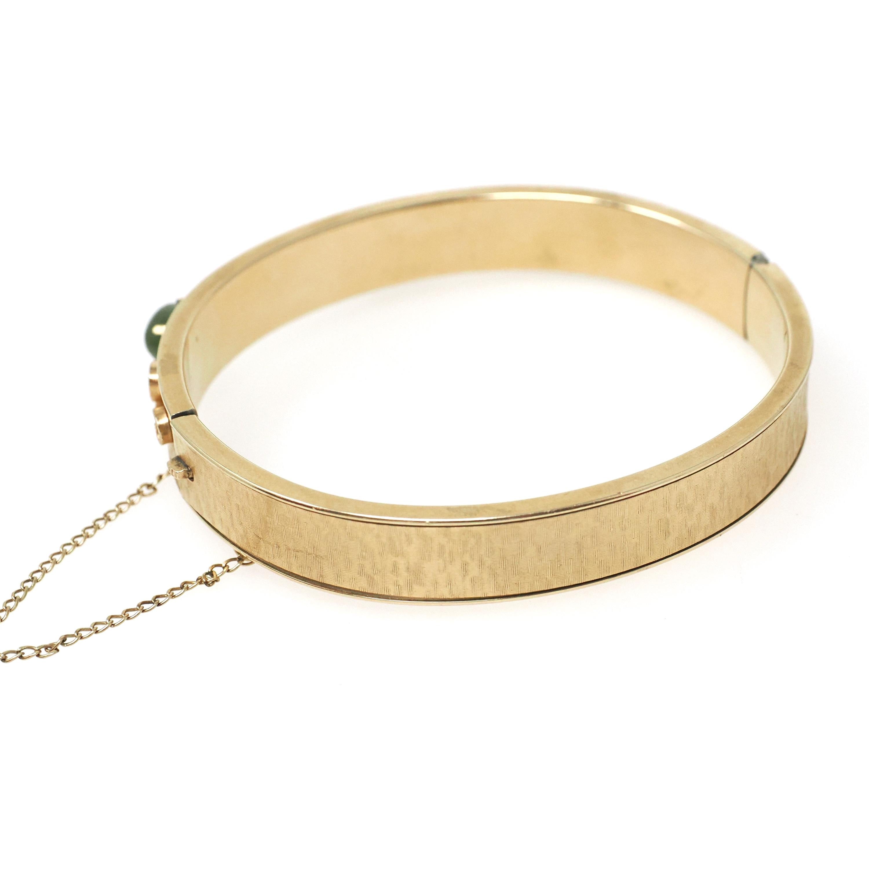 Vintage Jade Bangle - Mid Century 12k Gold Filled Nephrite Green Gem Hinged Bracelet - Circa Early 1960s Era Wide Stacking Fashion Jewelry