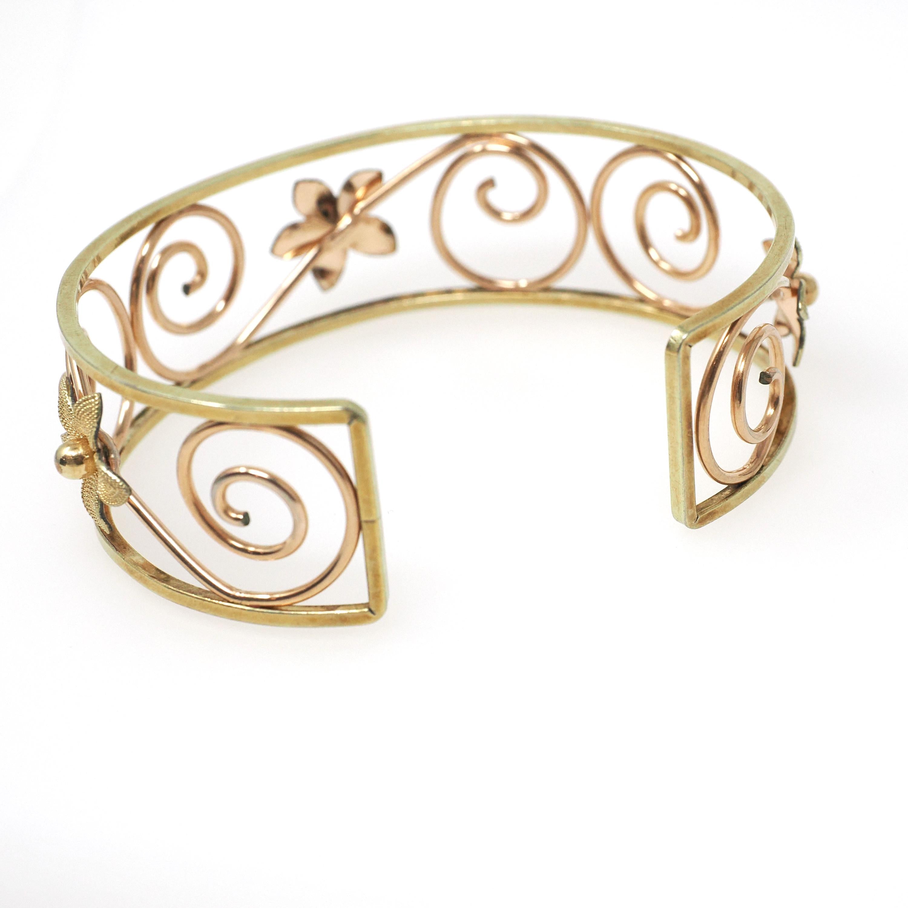 Vintage Cuff Bracelet - Mid Century Yellow & Rose Gold Filled Two Tone Open Metal Designs - Circa 1950s Era Krementz USA Statement Jewelry