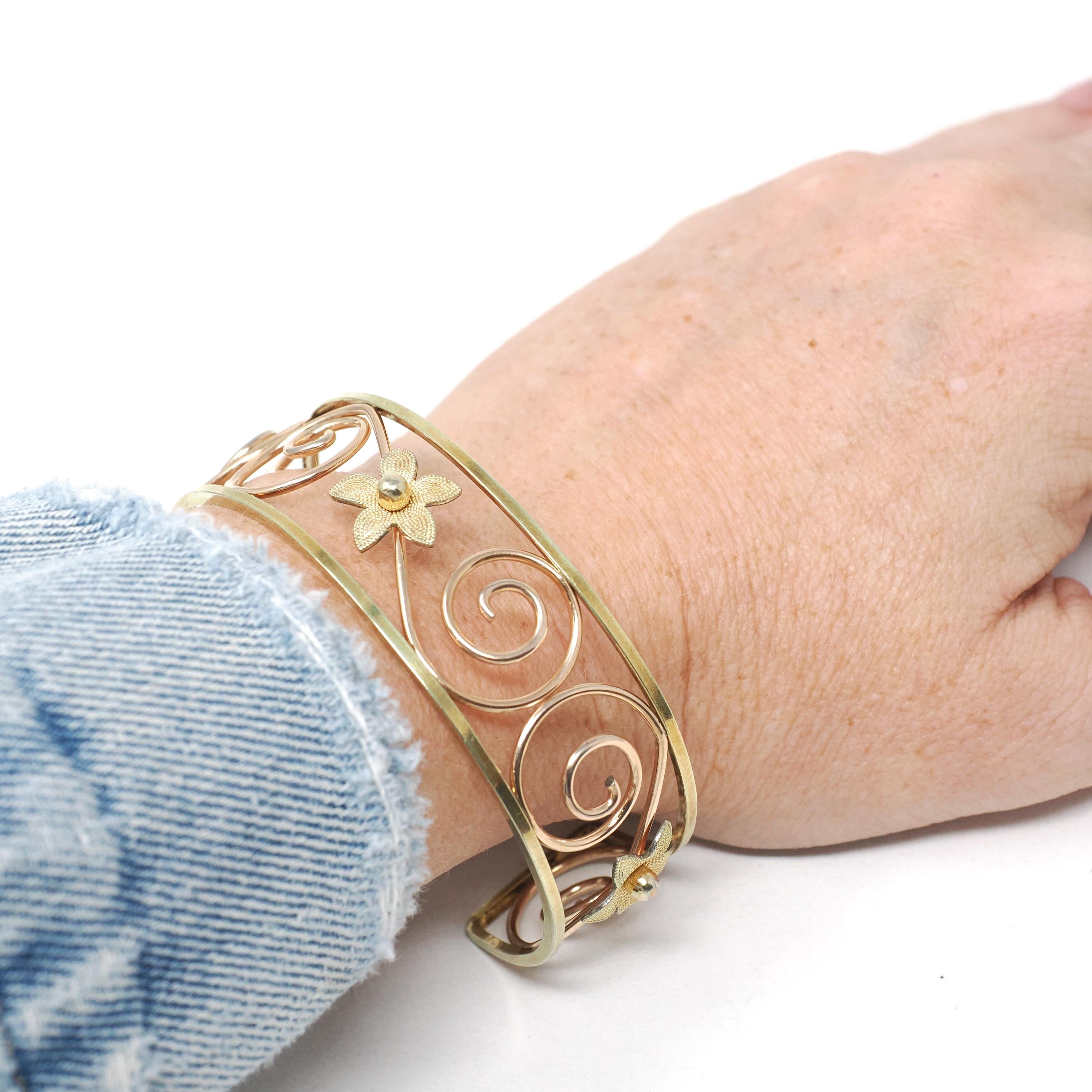 Vintage Cuff Bracelet - Mid Century Yellow & Rose Gold Filled Two Tone Open Metal Designs - Circa 1950s Era Krementz USA Statement Jewelry