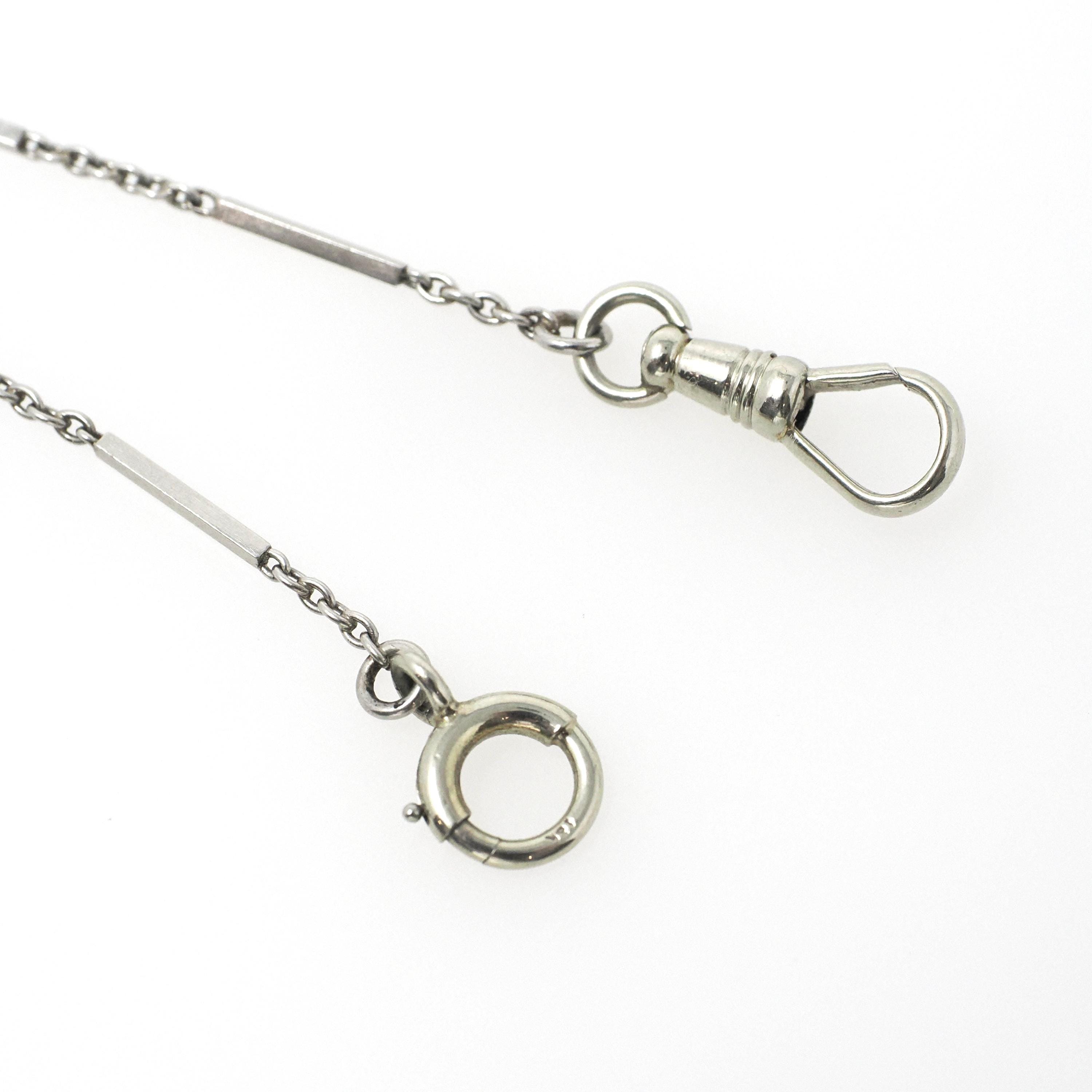 Pearl Watch Chain - Antique 18k White Gold & Platinum Dog Clip Spring Ring Curb Links And Bars - Art Deco Circa 1920s Fine Dainty Jewelry