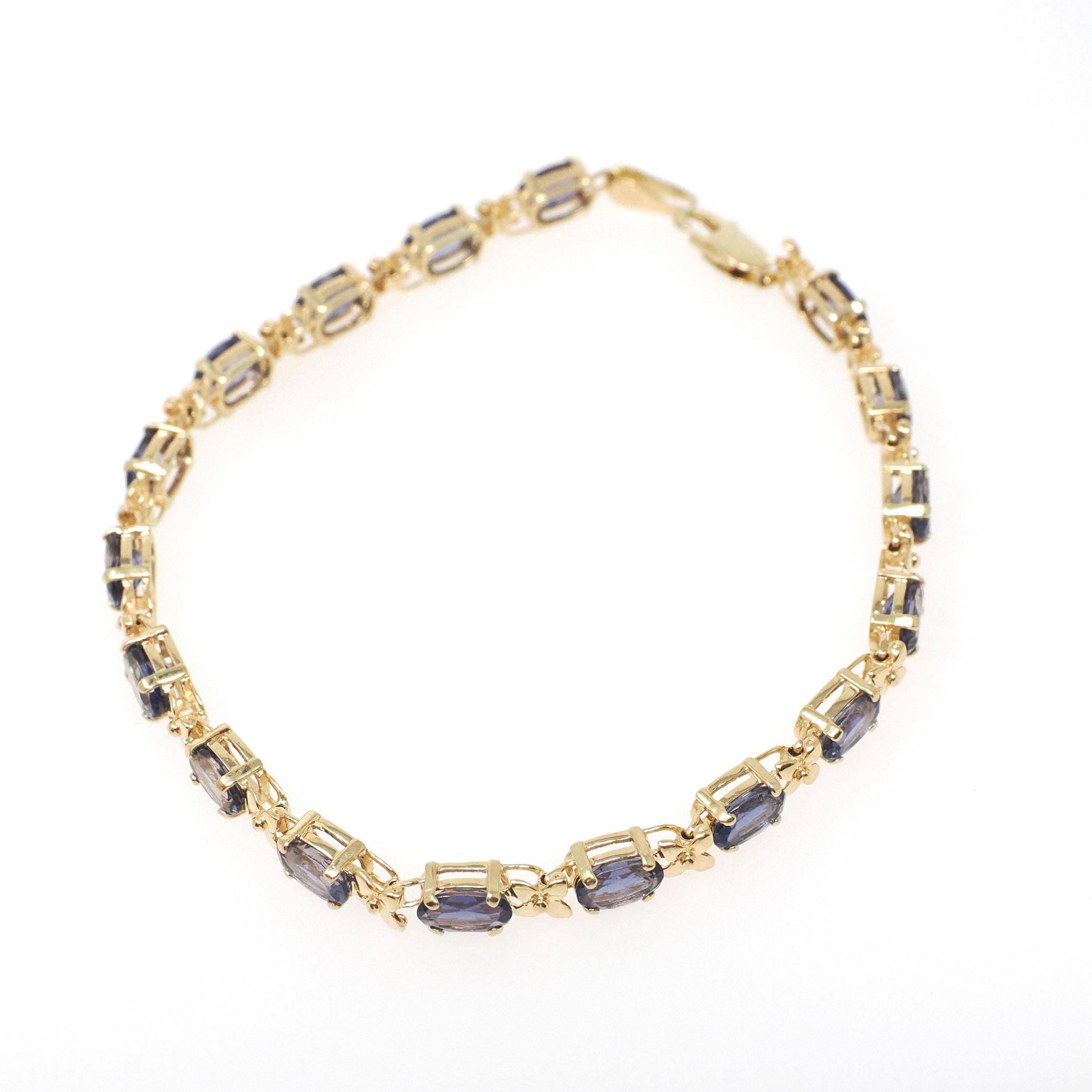Iolite Tennis Bracelet - Contemporary 14k Yellow Gold Violet Blue Oval Natural Gemstone & Flower Links - Circa 2000s Era 7 1/4" Fine Jewelry