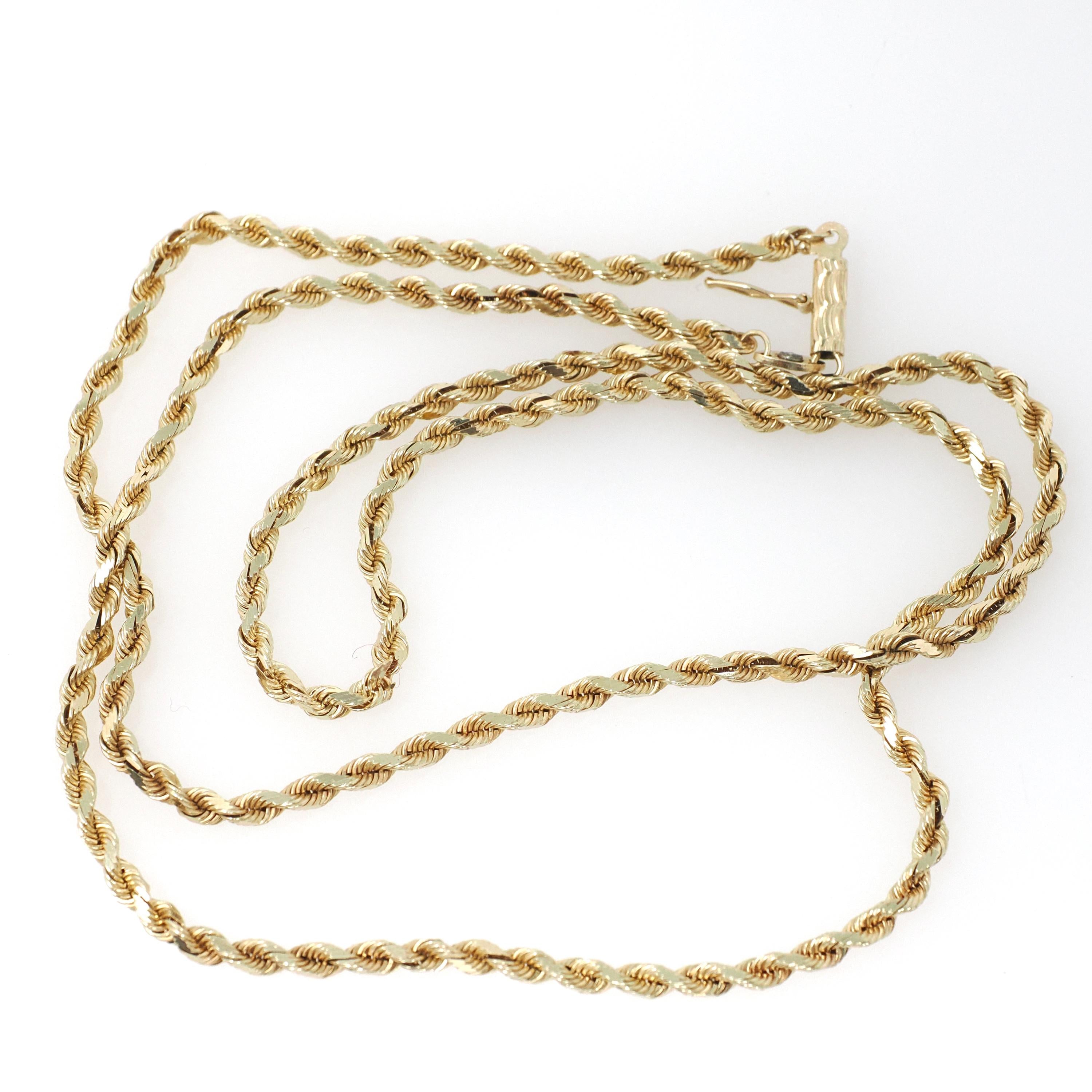 Vintage Rope Chain - Retro Era 14k Yellow Gold 2.6 MM Diamond Cut Machined Necklace - Circa 1980s Era Unisex 24 Inch Layering Fine Jewelry
