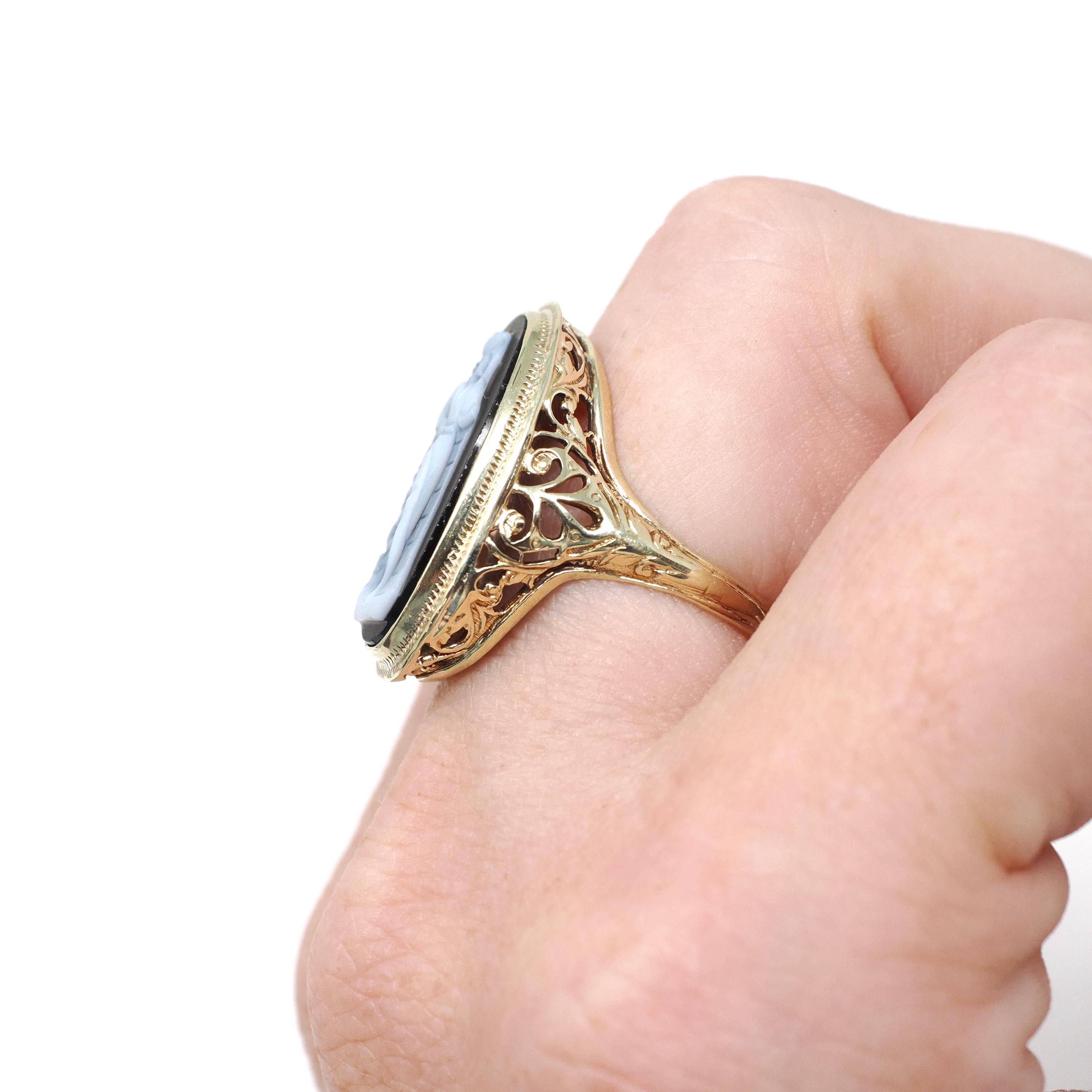 Antique Cameo Ring - Art Deco Era 14k Yellow Gold Carved Female Figure Black & White Onyx - Circa 1920s Size 5 1/2 Statuesque Fine Jewelry