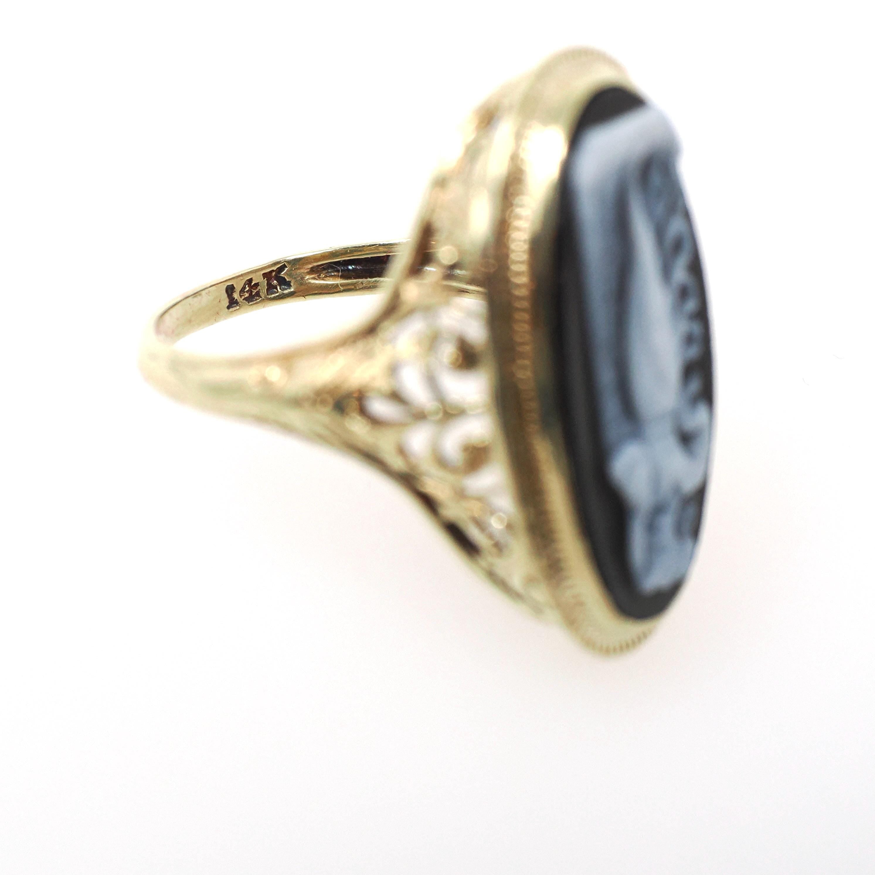 Antique Cameo Ring - Art Deco Era 14k Yellow Gold Carved Female Figure Black & White Onyx - Circa 1920s Size 5 1/2 Statuesque Fine Jewelry