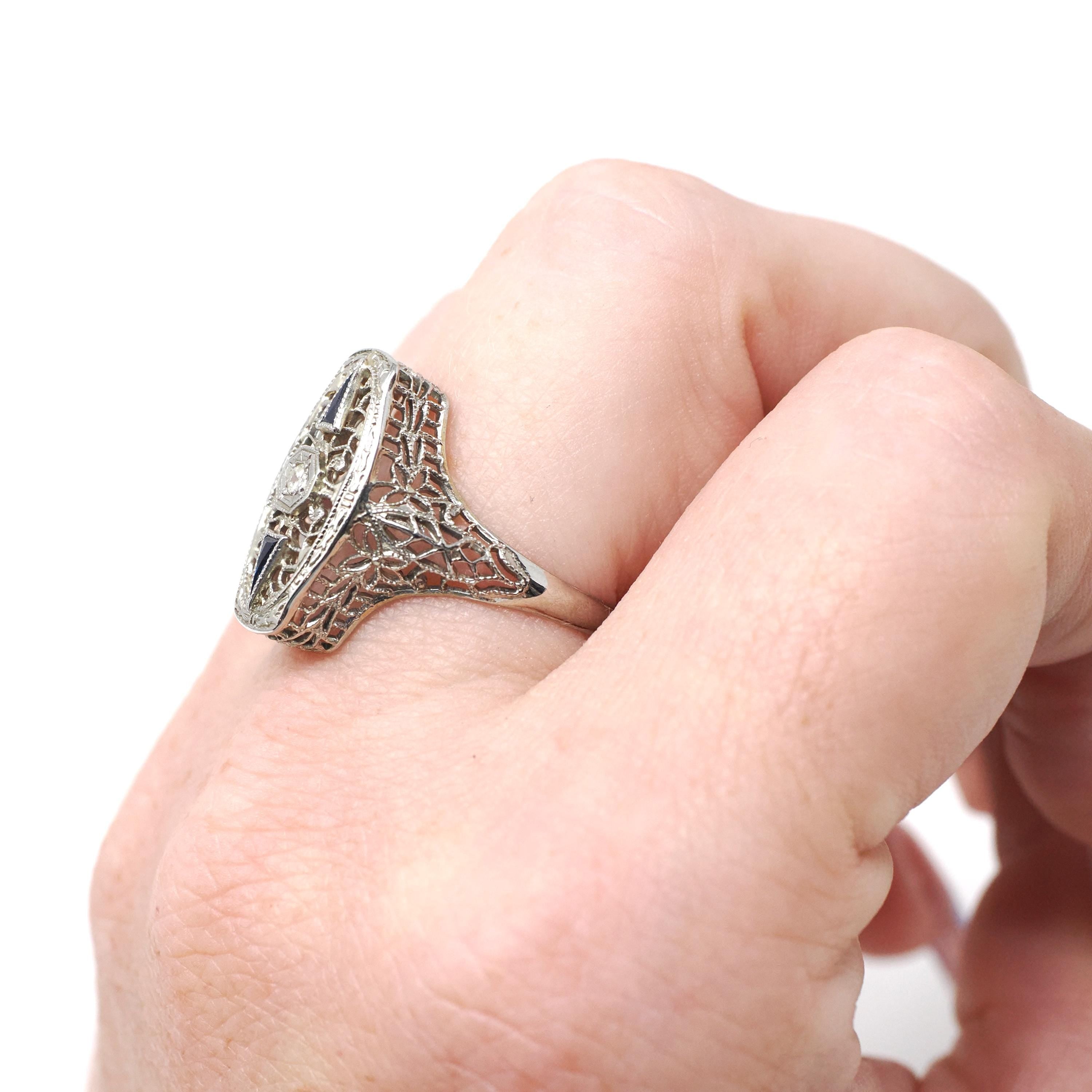 Art Deco Shield Ring - Antique 18k White Gold Filigree Diamond Created Sapphire Statement - Circa 1920s Era Size 6 Fine Statement Jewelry