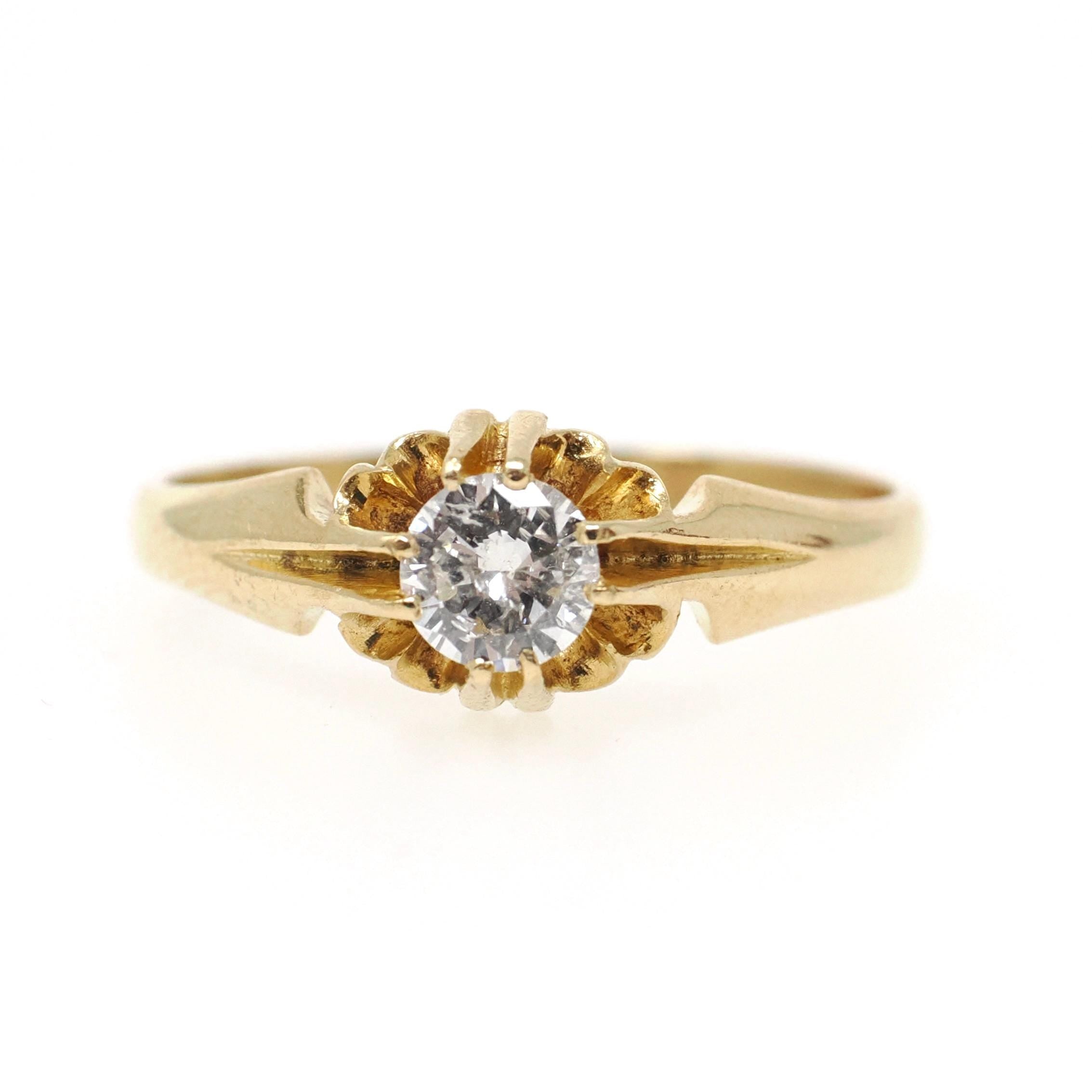 Estate Diamond Ring - 18k Yellow Gold .51 CT Natural Round Brilliant Cut Belcher- Hallmarked 1982 Size 10 Bold Gold Fine Unisex Jewelry