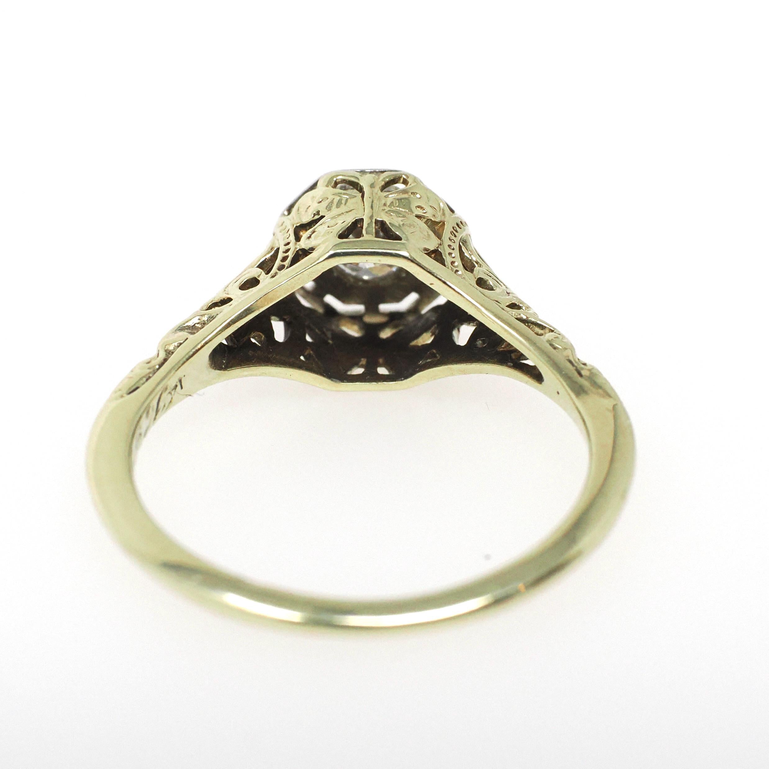 Art Deco Engagement Ring - Vintage 14k White & Yellow Gold Rare Butterfly Filigree 0.12 CT Diamond - Circa 1930s Era Size 5 3/4 Fine Jewelry