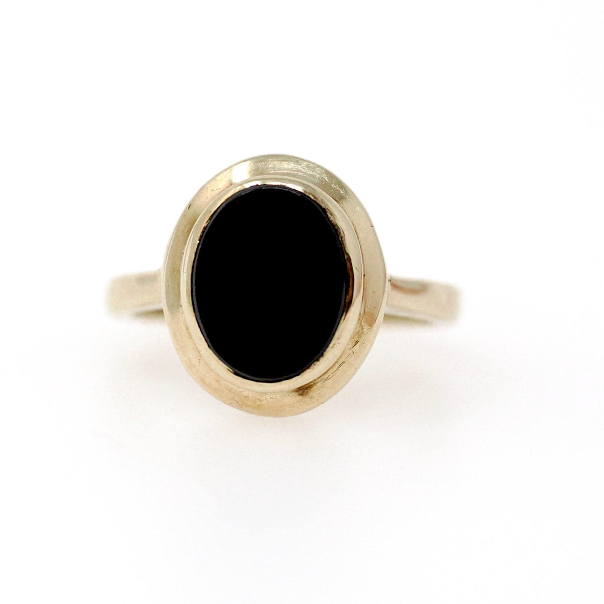 Mid Century Onyx Ring - Vintage 10k Yellow Gold Black Chalcedony Solitaire Gemstone - Circa 1960s Era Size 5 3/4 Fine Statement Jewelry