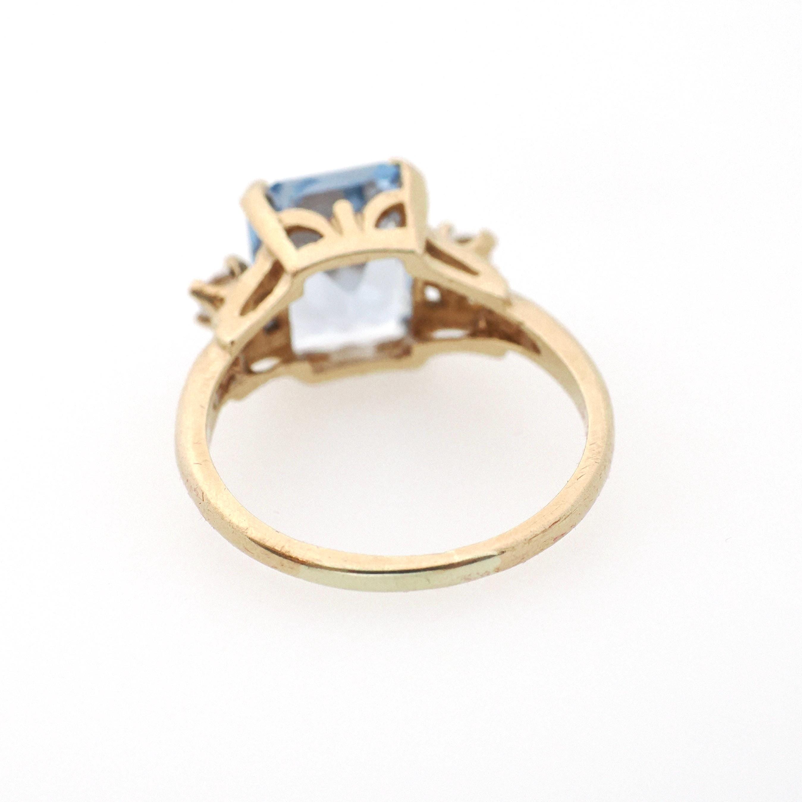 Created Spinel Ring - Mid Century 10k Yellow Gold French Cut Blue Gem Simulated Accents - Circa 1950s Era Size 5 1/2 Fine Statement Jewelry