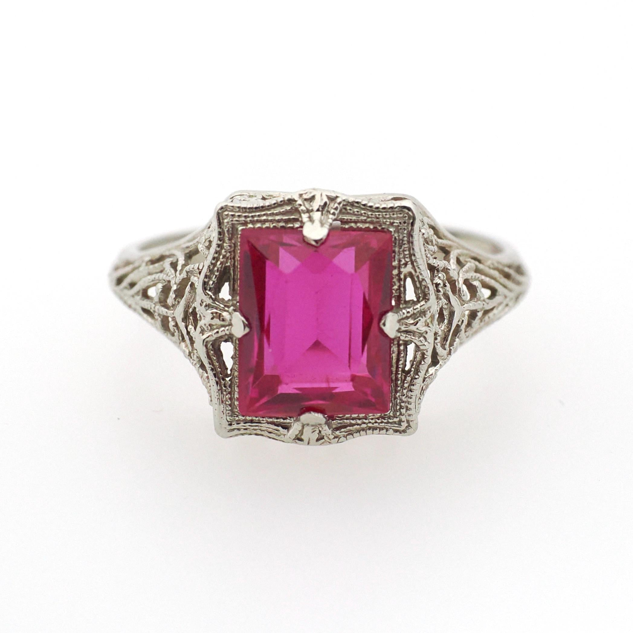 Created Ruby Ring - Vintage 14k White Gold 4.25 CT French Cut Red Art Deco Filigree - Circa 1930s Size 6 1/2 July Birthstone Fine Jewelry