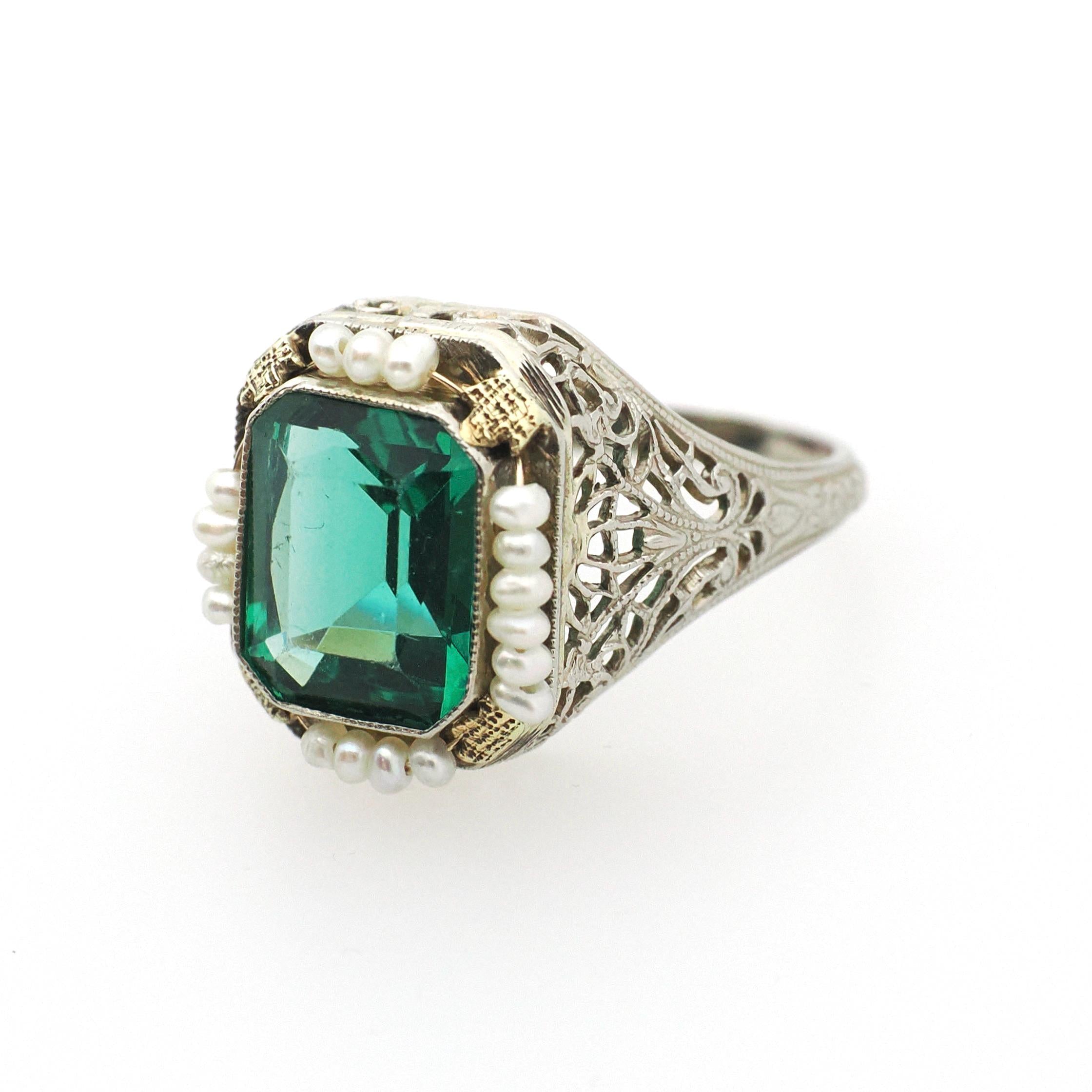 Simulated Emerald Ring - Art Deco Era 14k White Gold French Cut Green Glass & Seed Pearl Halo - Circa 1930s Size 6 3/4 Filigree Fine Jewelry
