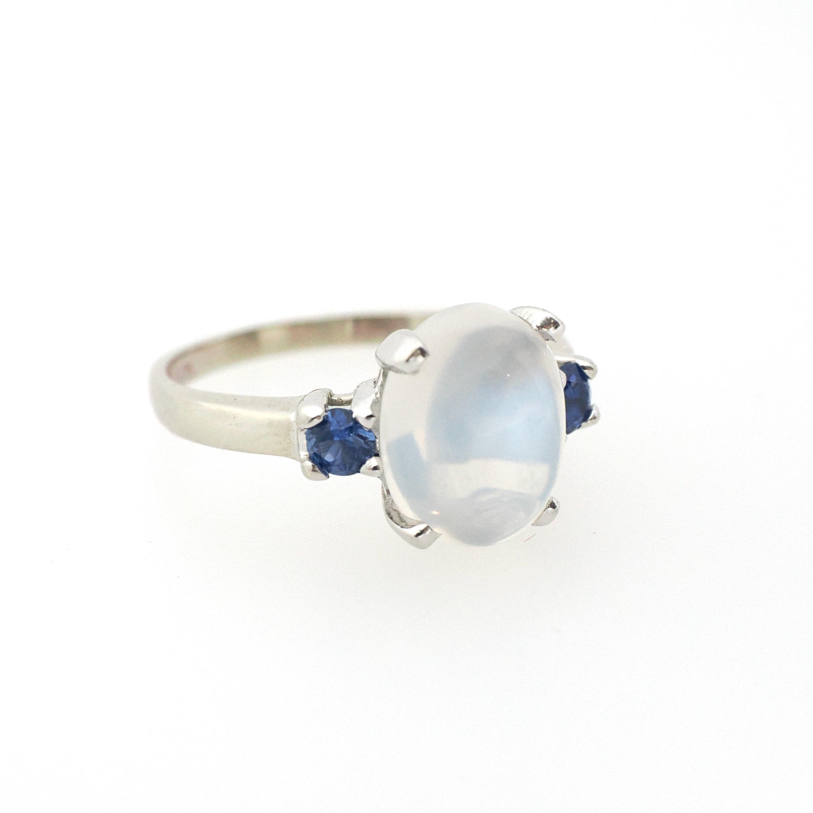 Vintage Moonstone & Sapphire Ring - Mid Century 14k White Gold Natural Cabochon Cut Gemstone - Circa 1950s Size 5.5 Fine Statement Jewelry