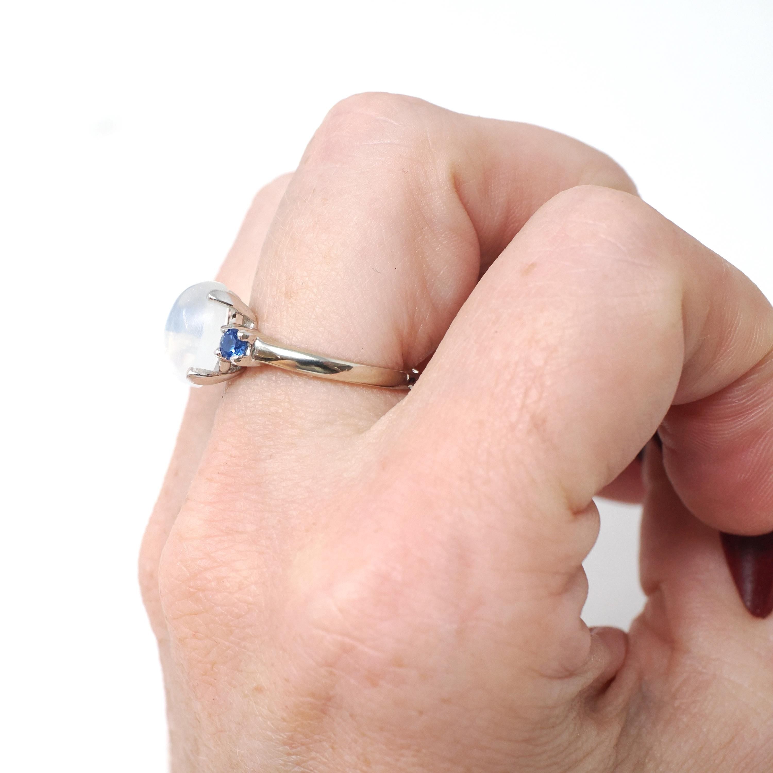 Vintage Moonstone & Sapphire Ring - Mid Century 14k White Gold Natural Cabochon Cut Gemstone - Circa 1950s Size 5.5 Fine Statement Jewelry