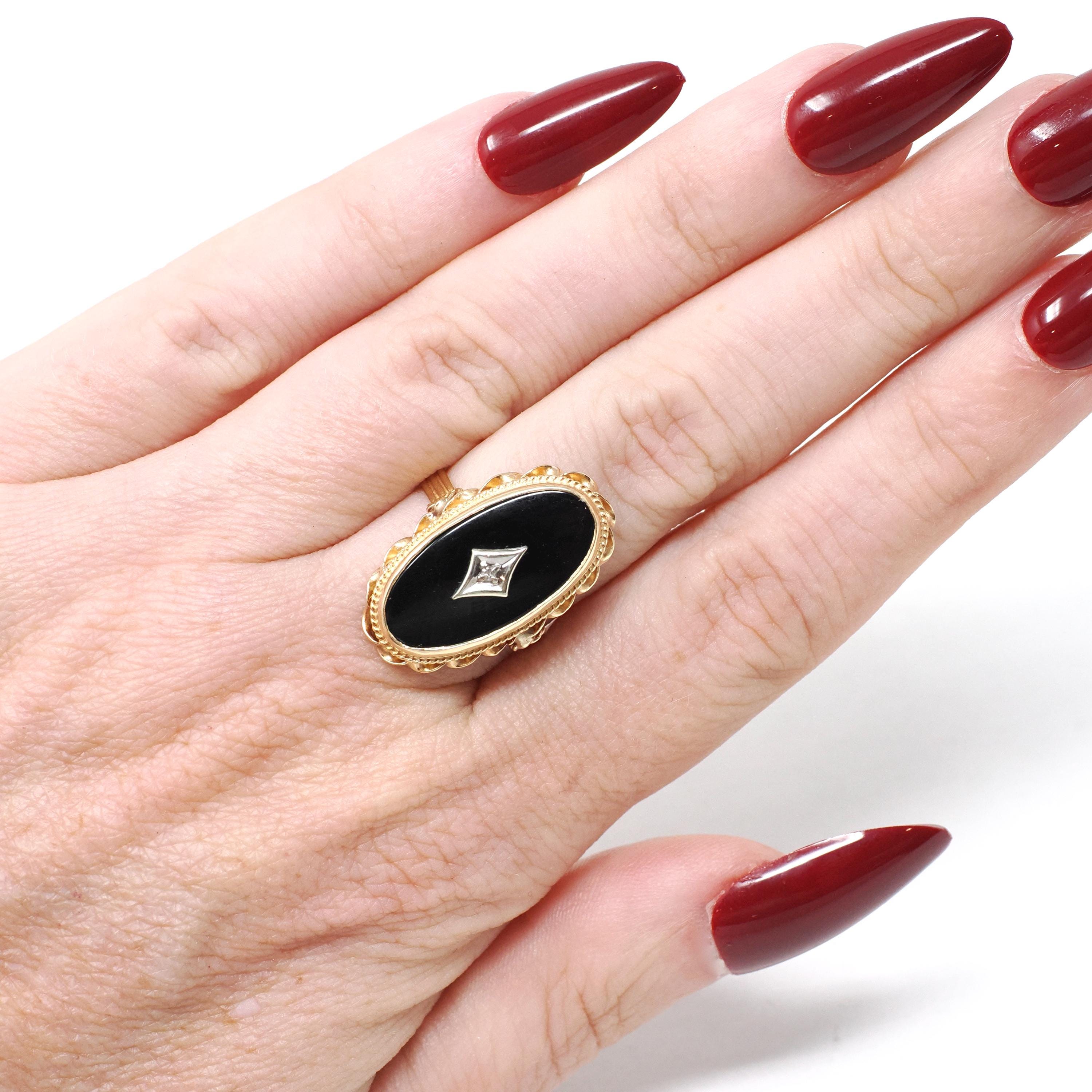 Vintage Onyx Ring - Retro 14k Yellow Gold Oval Black Chalcedony Gemstone - Circa 1960s Era Size 5 3/4 Natural .008 CT Diamond Fine Jewelry