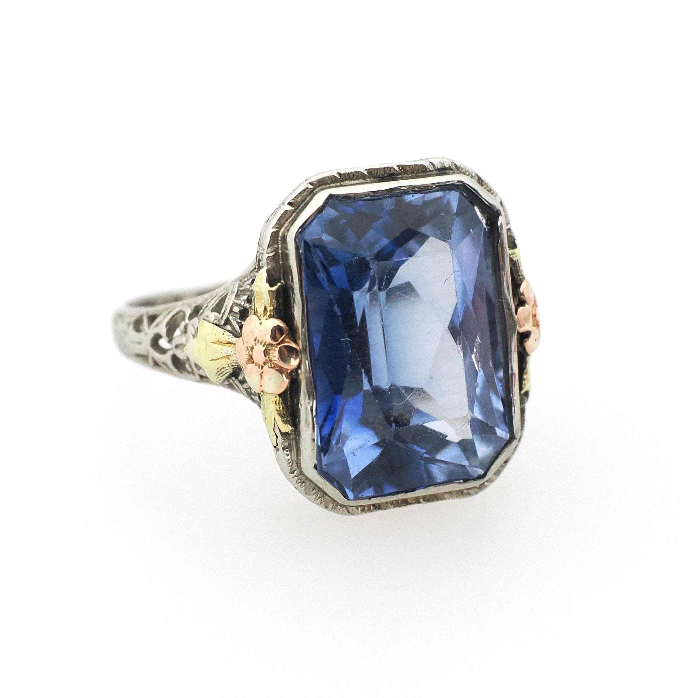 Created Blue Sapphire Ring - Art Deco 14k White Yellow Rose Gold Filigree - Circa 1930s Size 6 1/2 Floral Fine September Birthstone Jewelry