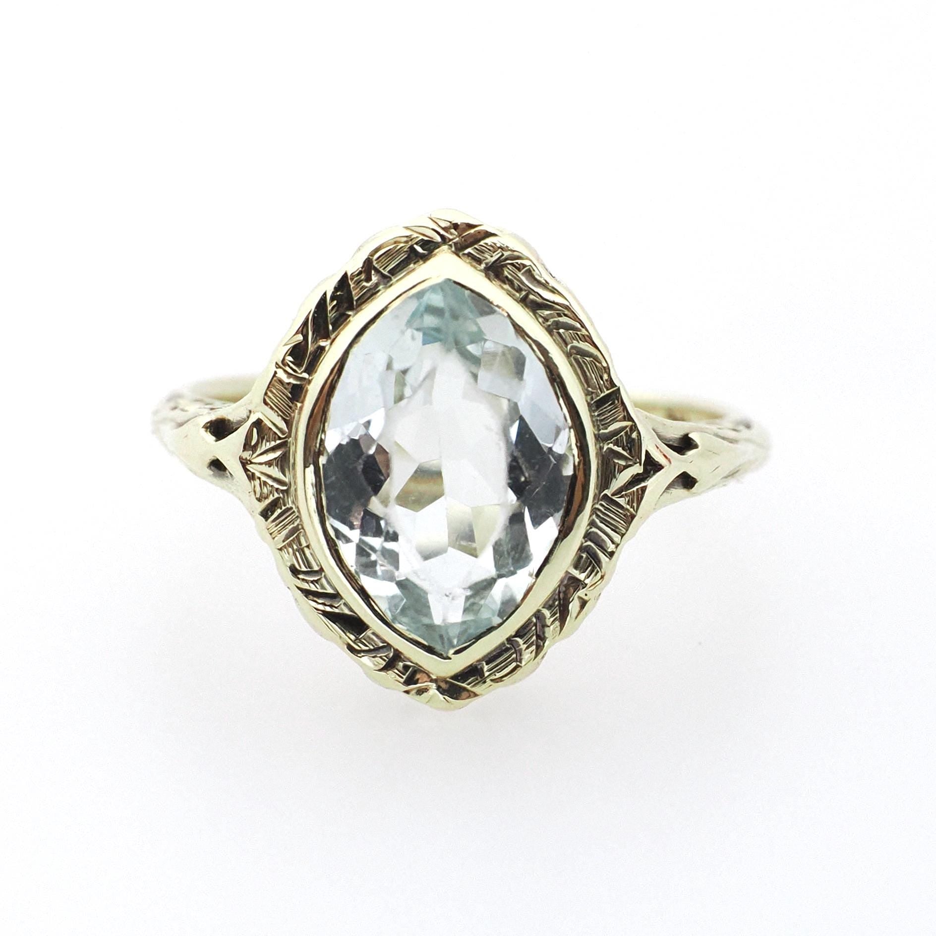 Vintage Aquamarine Ring - Art Deco 14k Yellow Gold Natural Light Blue Marquise Gemstone - Circa 1930s Era Size 5 1/4 Filigree Fine Jewelry