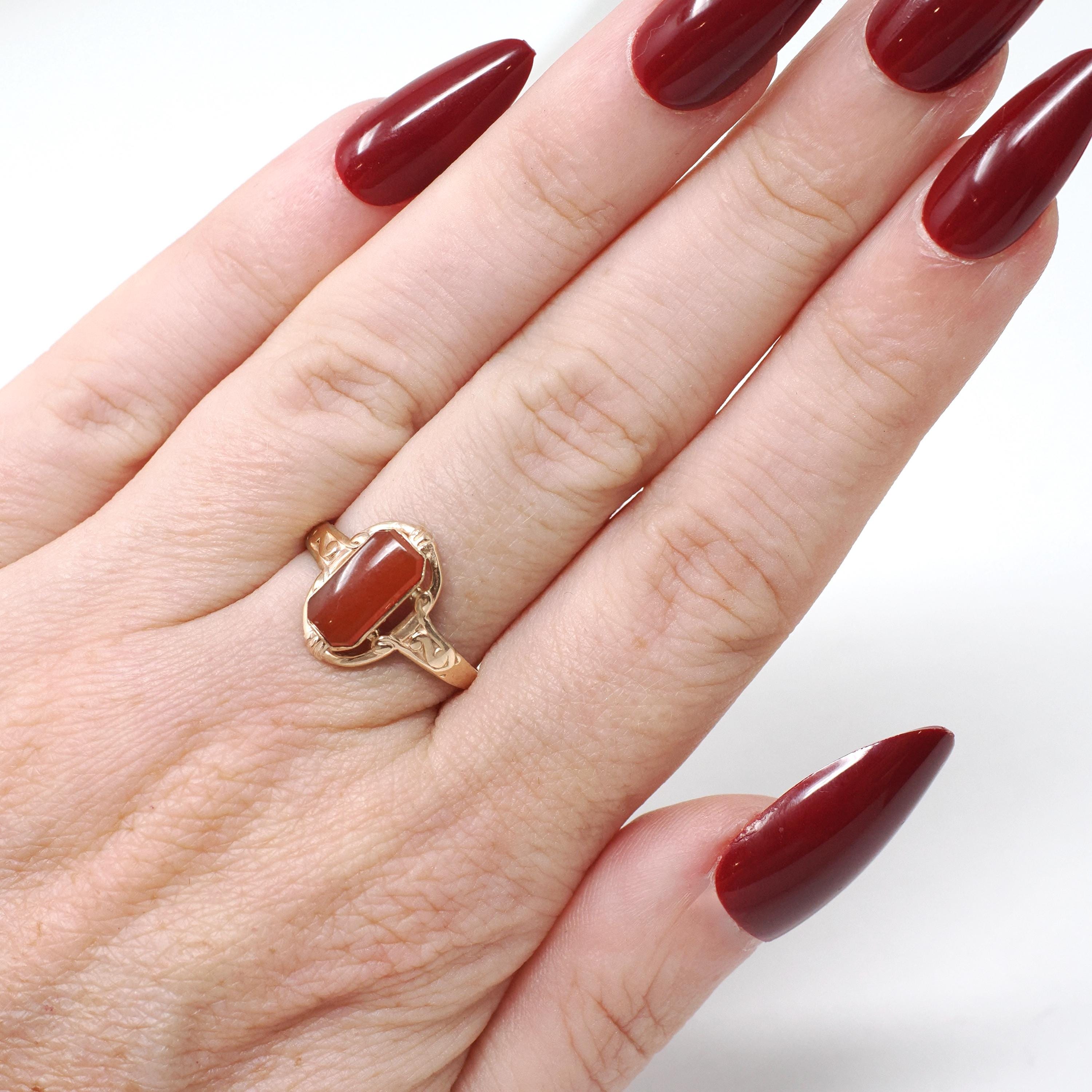 Victorian Carnelian Ring - Antique 10k Rosy Yellow Gold Natural Red Gemstone Shield - Circa 1880s Era Size 5 3/4 Fine Statement Jewelry