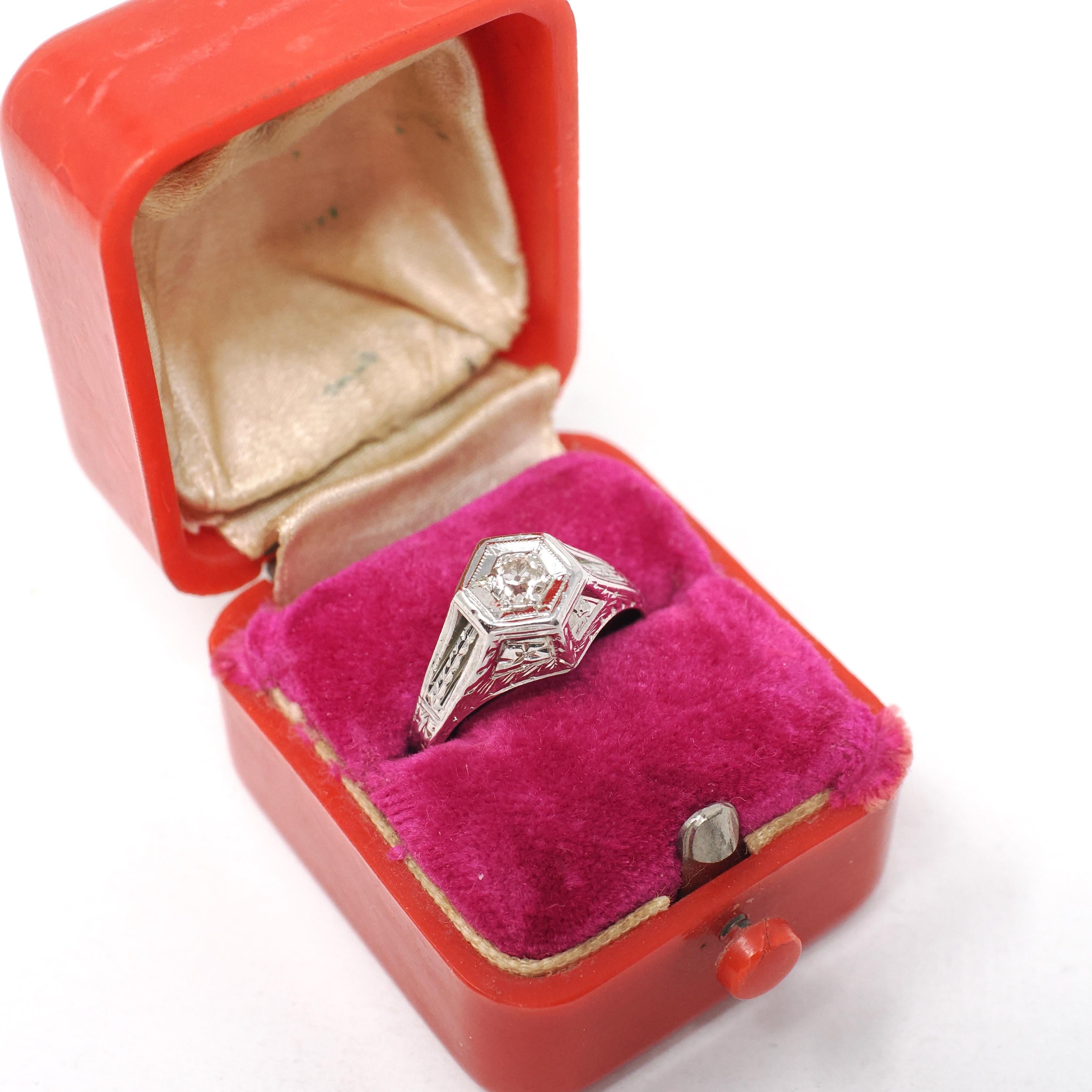 Antique Diamond Ring - Art Deco 18k White Gold Natural .15 CT Old European Hexagonal Engagement - Circa 1920s Size 5 1/2 Belais Fine Jewelry