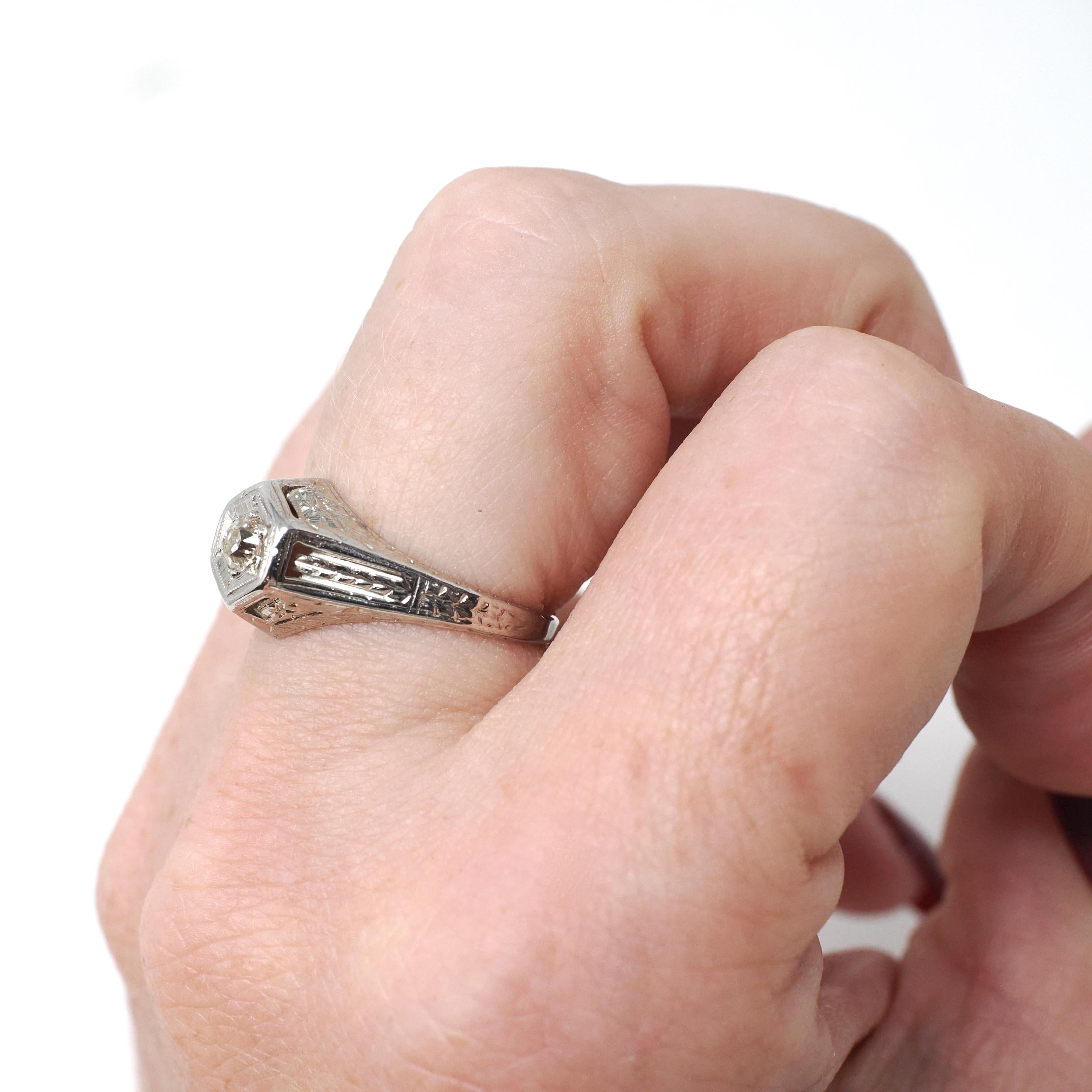 Antique Diamond Ring - Art Deco 18k White Gold Natural .15 CT Old European Hexagonal Engagement - Circa 1920s Size 5 1/2 Belais Fine Jewelry