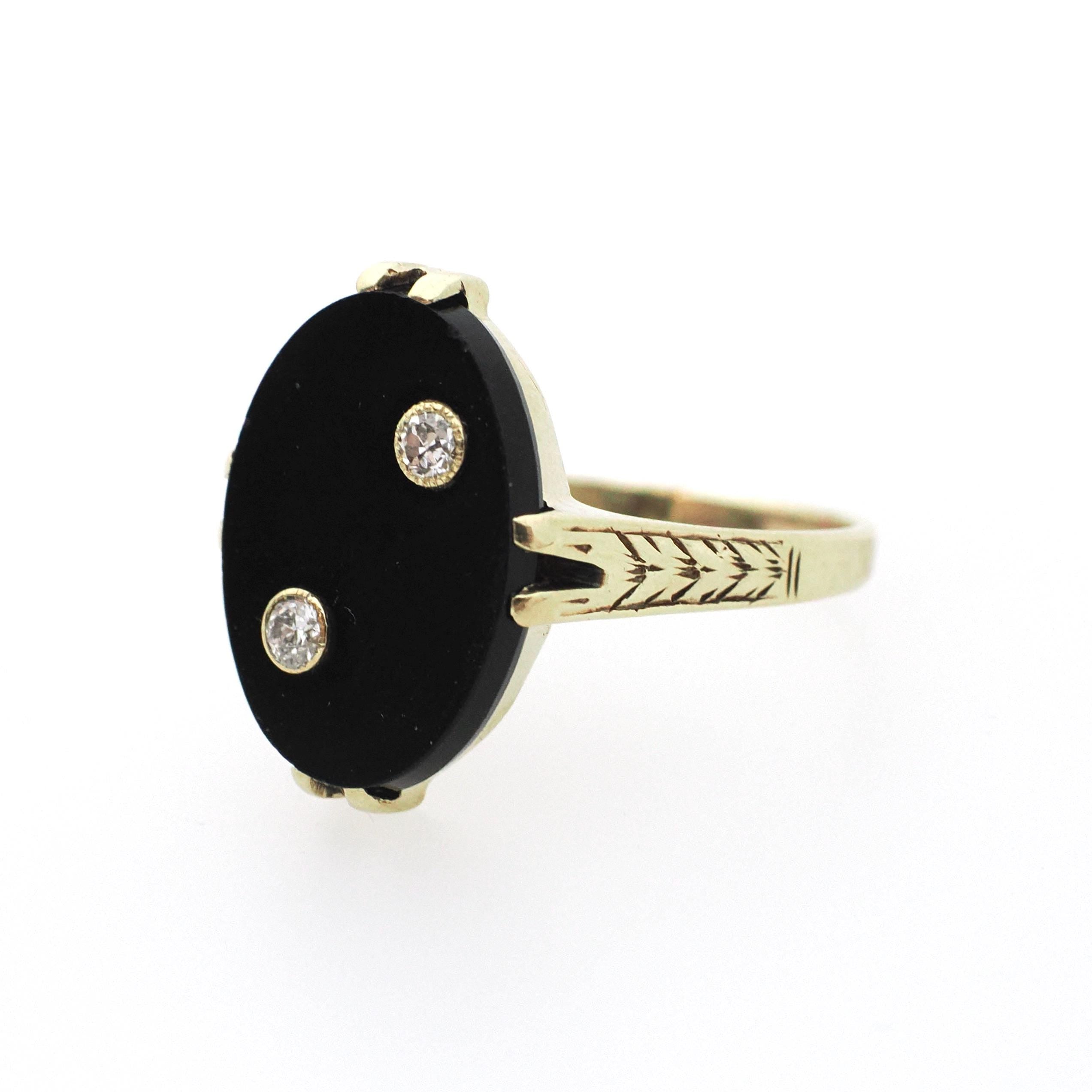 Onyx & Diamond Ring - Art Deco 14k Yellow Gold Oval Black Gemstone Signet - Circa 1930s Era Size 8 Fine Wheat Engraved Statement Jewelry