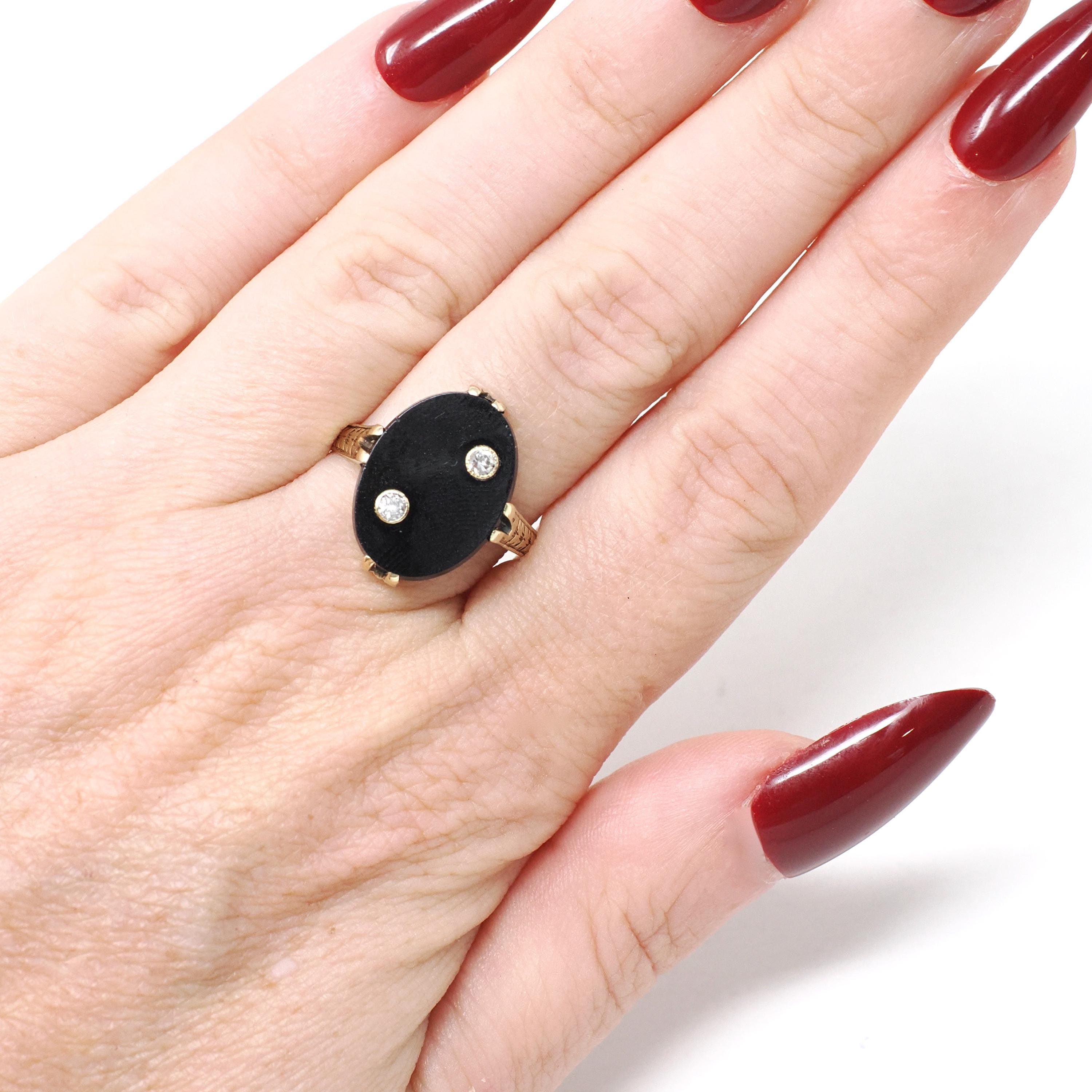 Onyx & Diamond Ring - Art Deco 14k Yellow Gold Oval Black Gemstone Signet - Circa 1930s Era Size 8 Fine Wheat Engraved Statement Jewelry
