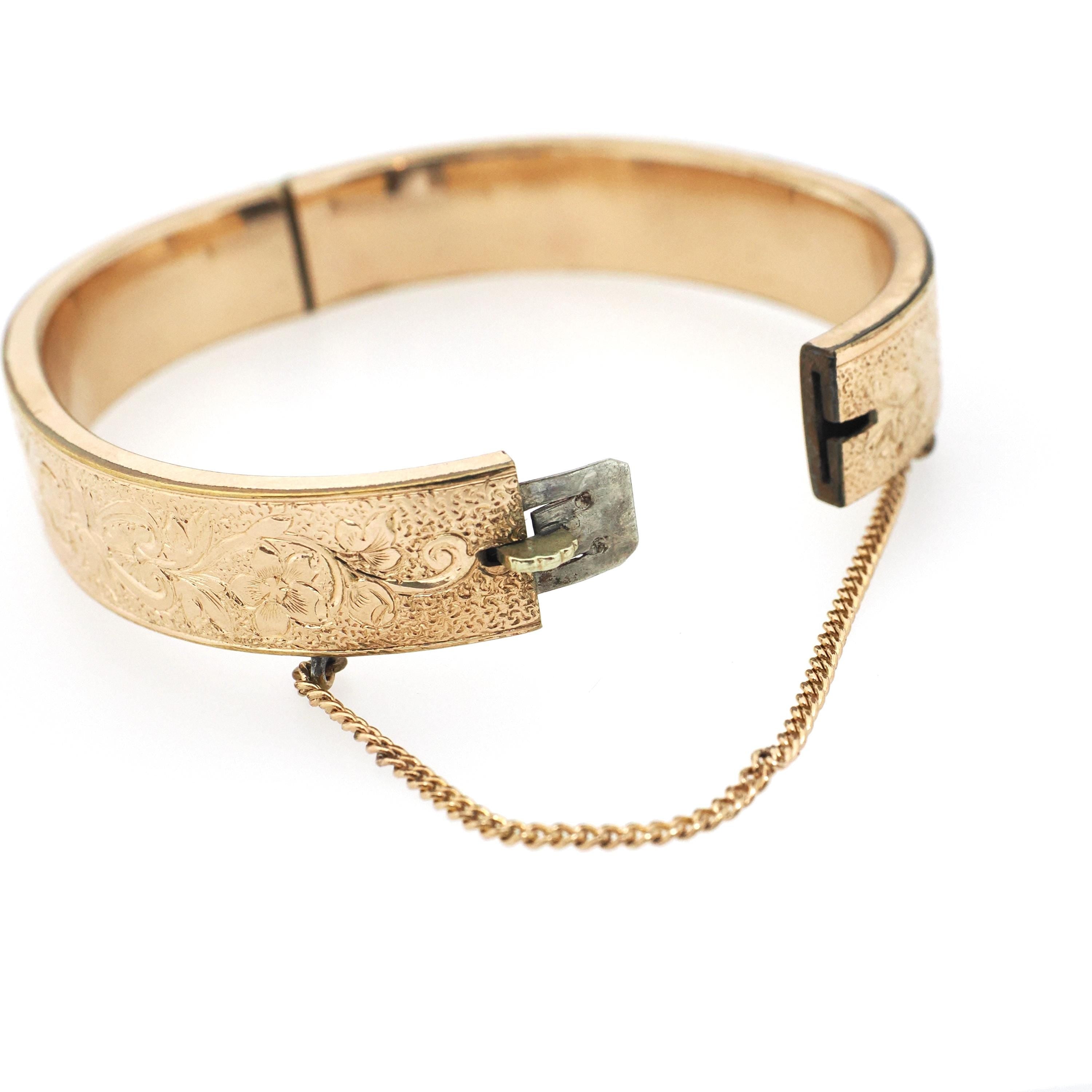 Antique Floral Bracelet - Victorian 12k Gold Filled Engraved Hinged Bangle Design - Circa 1880s Era Safety Chain Fashion Statement Jewelry