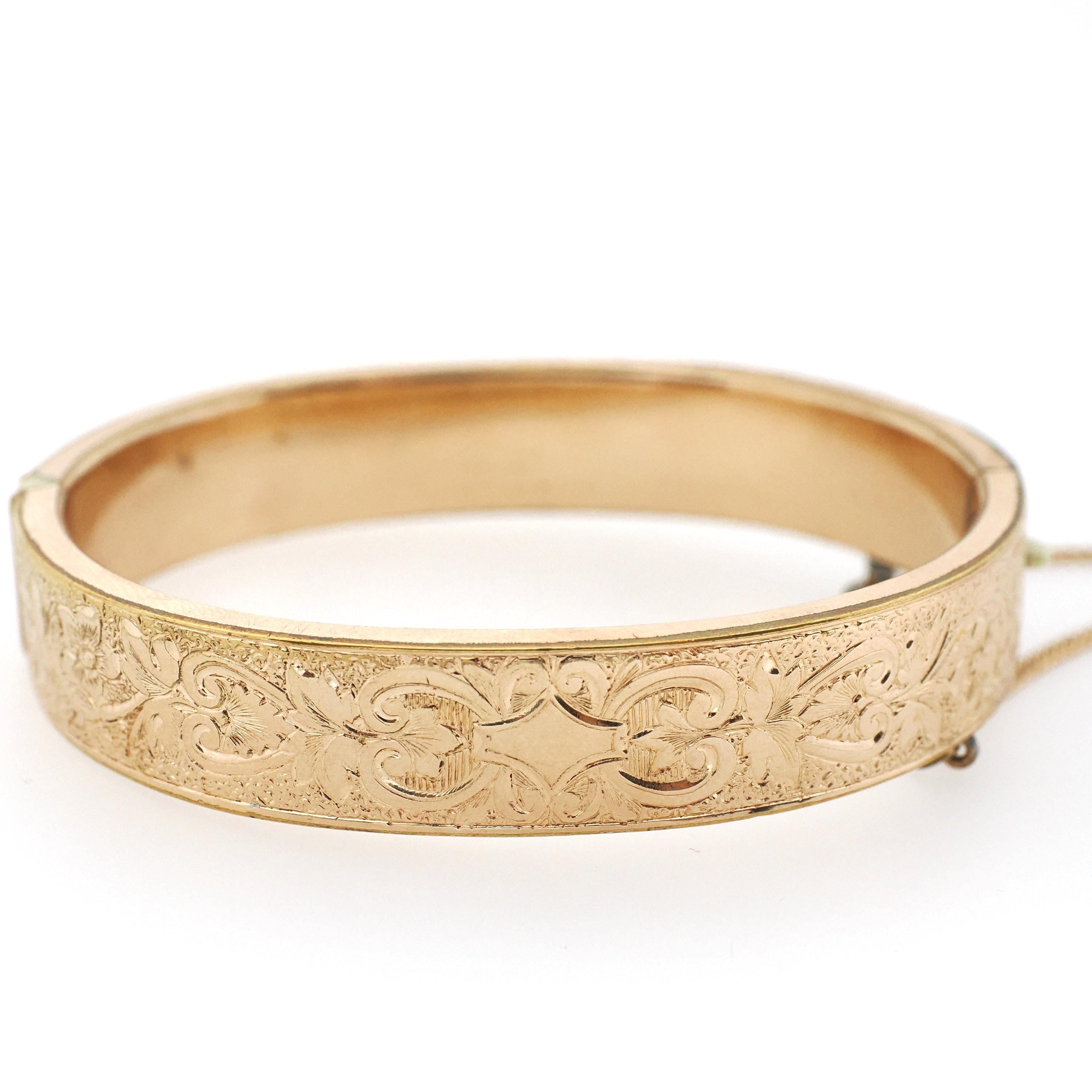 Antique Floral Bracelet - Victorian 12k Gold Filled Engraved Hinged Bangle Design - Circa 1880s Era Safety Chain Fashion Statement Jewelry