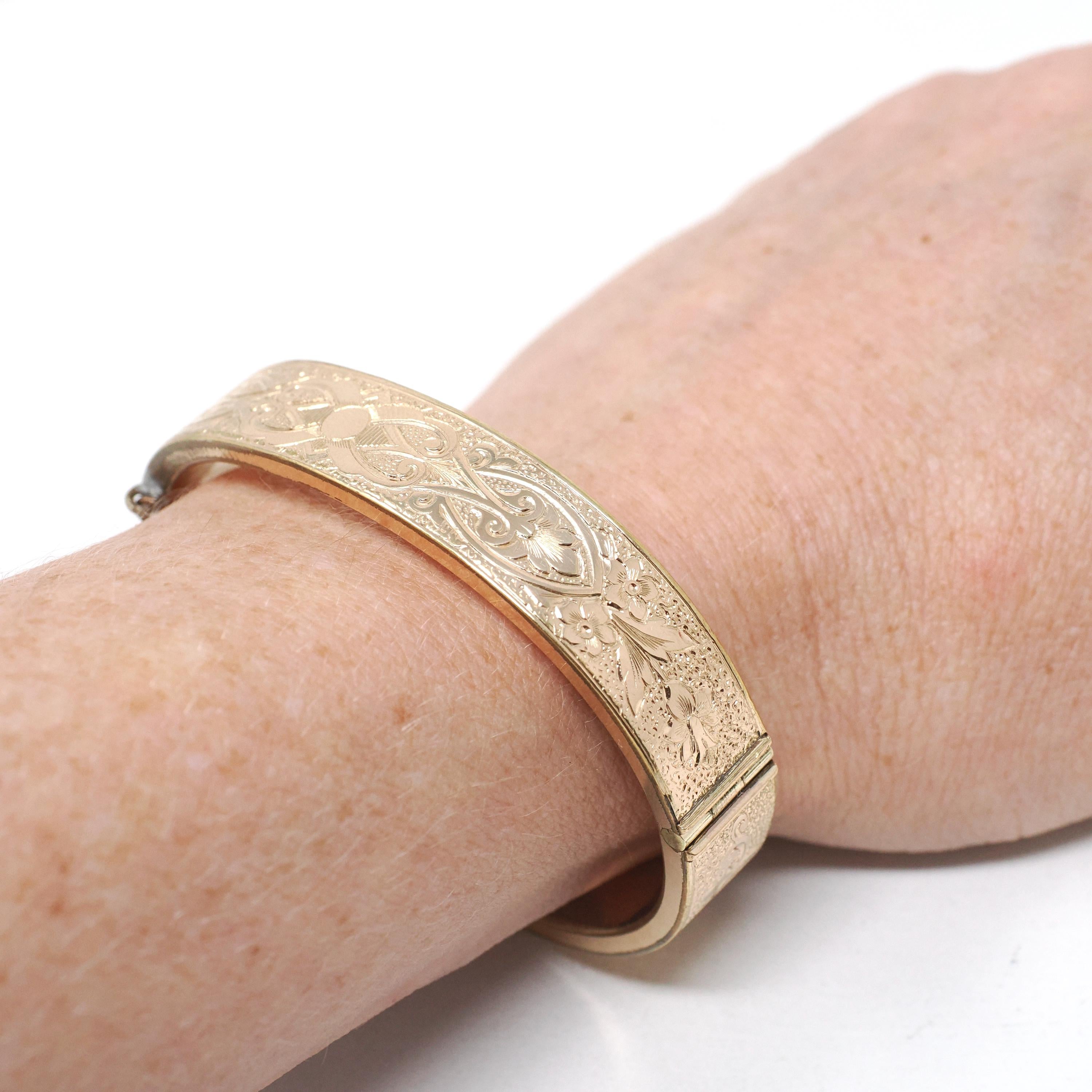 Antique Floral Bracelet - Victorian 12k Gold Filled Engraved Hinged Bangle Design - Circa 1880s Era Safety Chain Fashion Statement Jewelry