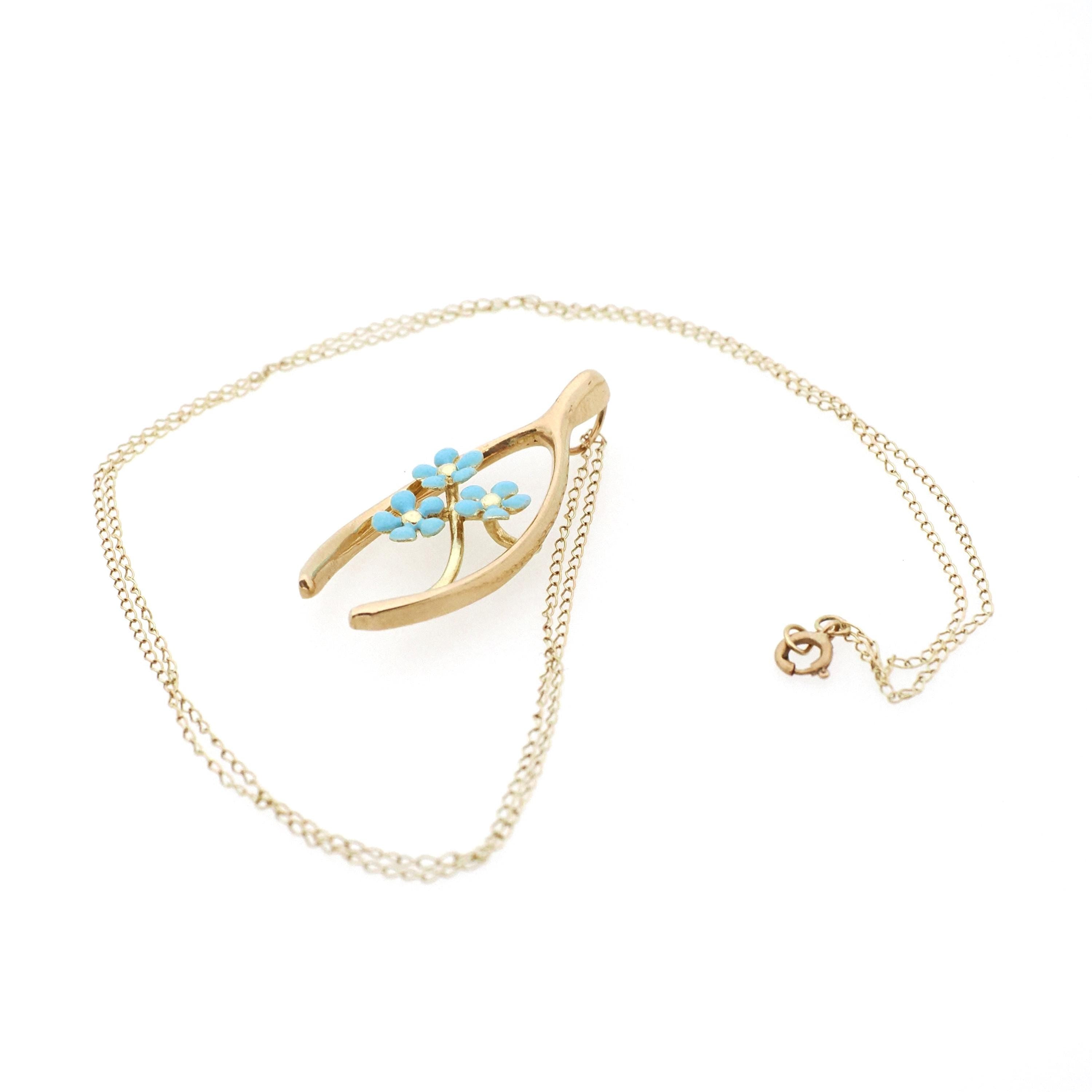 Antique Wishbone Pendant - Edwardian 14k Yellow Gold Blue Enamel Flowers Charm Necklace - Circa 1910s Era Good Luck Fine Statement Jewelry