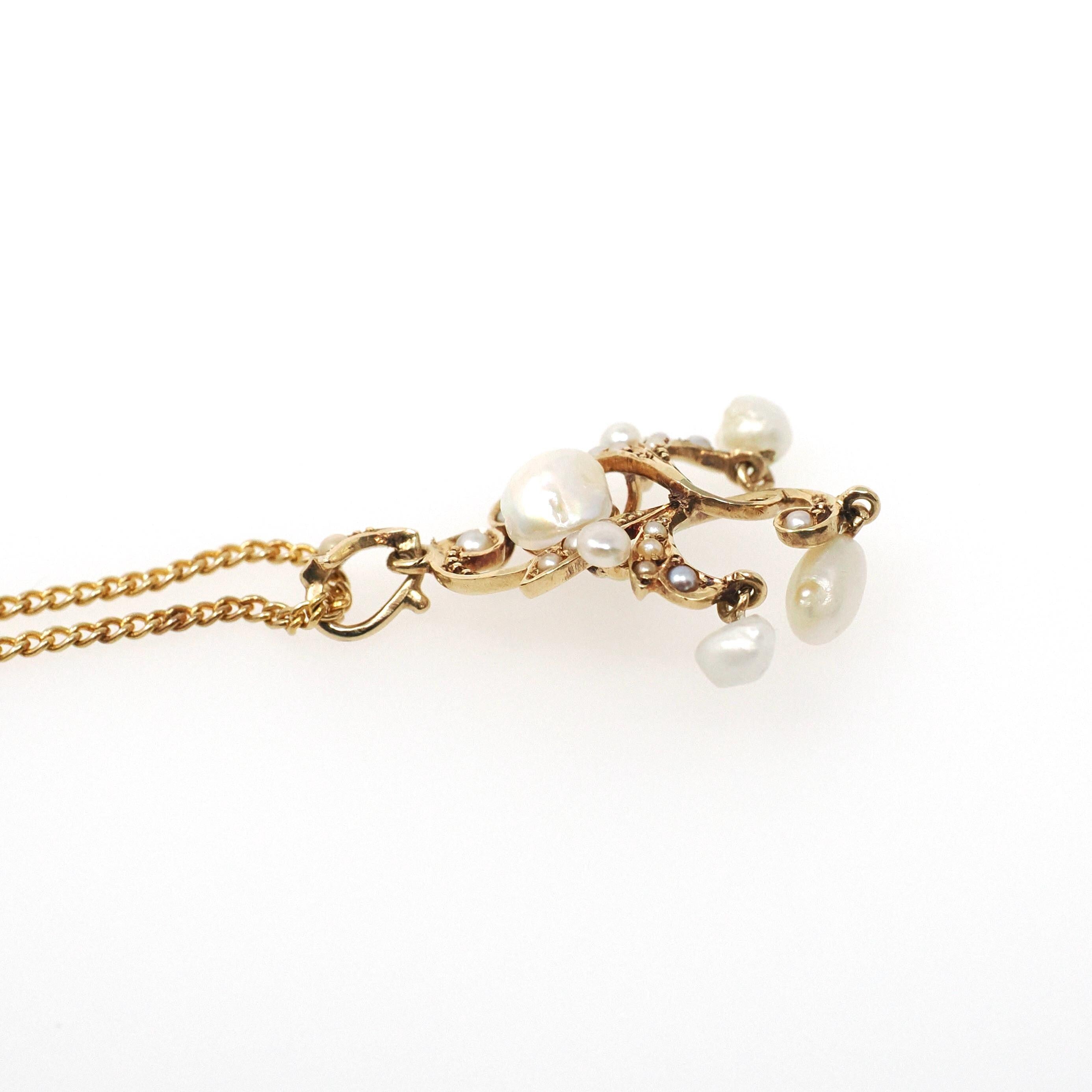 Antique Lavalier Pendant - Edwardian 14k Yellow Gold Seed & Cultured Pearls Necklace - Circa 1910s June Birthstone Fine Statement Jewelry